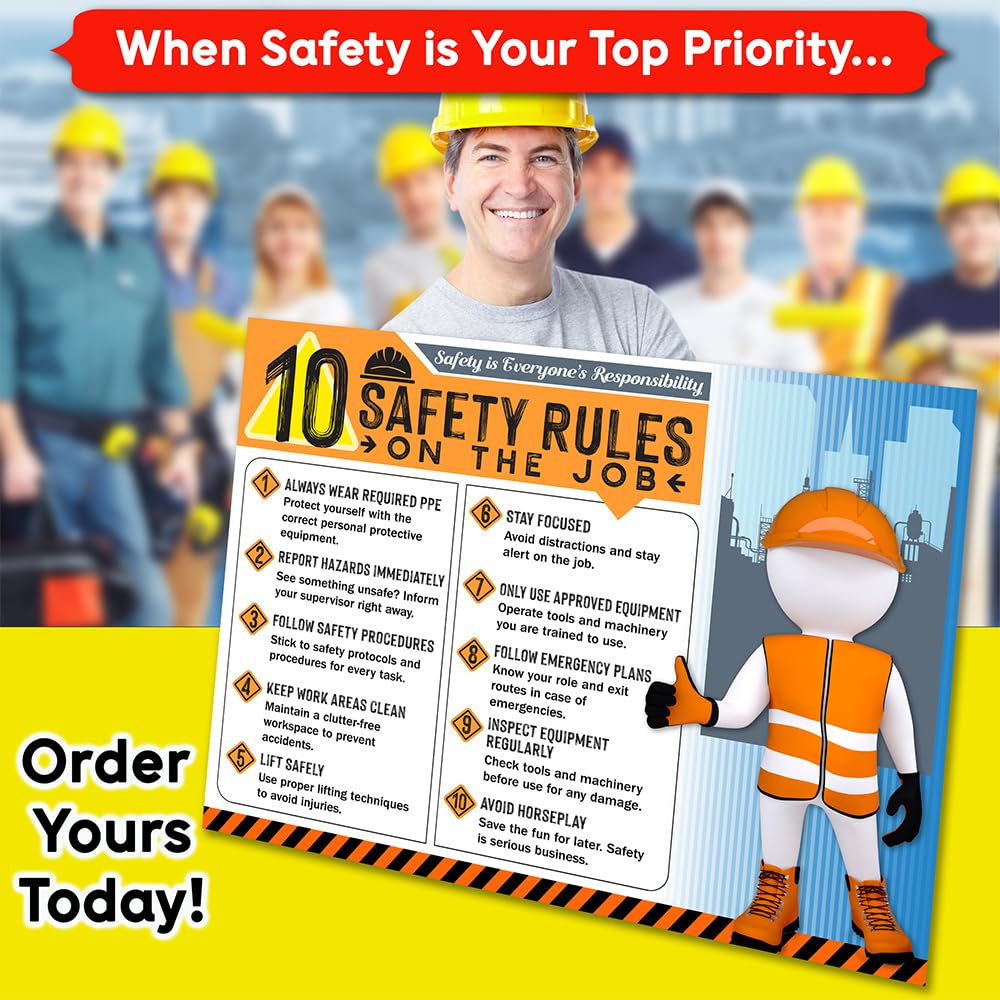 Póster de las 10 reglas de seguridad en el trabajo, 45.7 x 61.0 cm, letrero de seguridad laminado duradero, resistente al desgarro, impermeable, póster de seguridad en el lugar de trabajo para