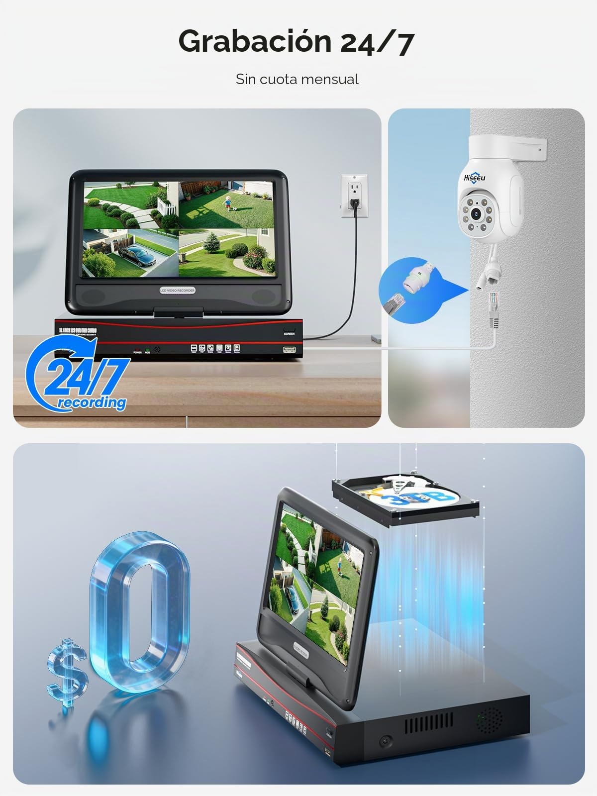 Hiseeu Kit Camaras Vigilancia PoE 5MP, Sistema Seguridad Exterior con Monitor 10'' y HDD 3TB, NVR 8CH PTZ, Vision Nocturna Color 30M, Registro 24/7