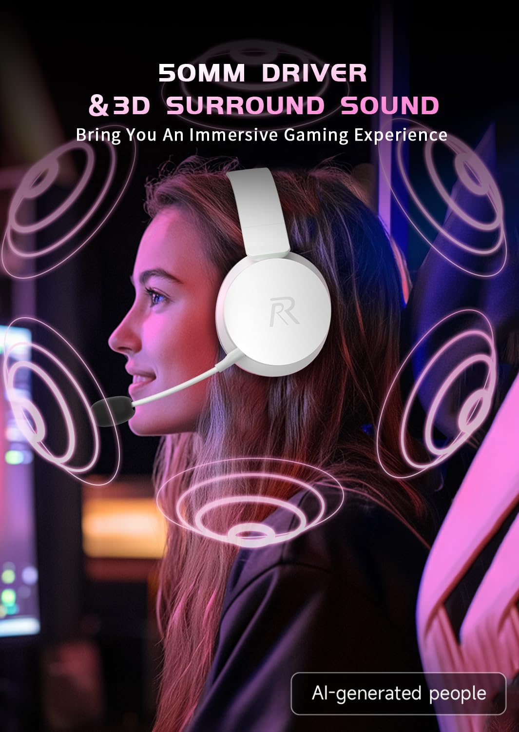 RYR Cuffie da gioco wireless, Bluetooth 5.3, suono surround 3D, paraorecchie girevoli, cuffie da gioco con microfoni a cancellazione del rumore per serie X|S, Xbx One, PS5, PS4, Mac