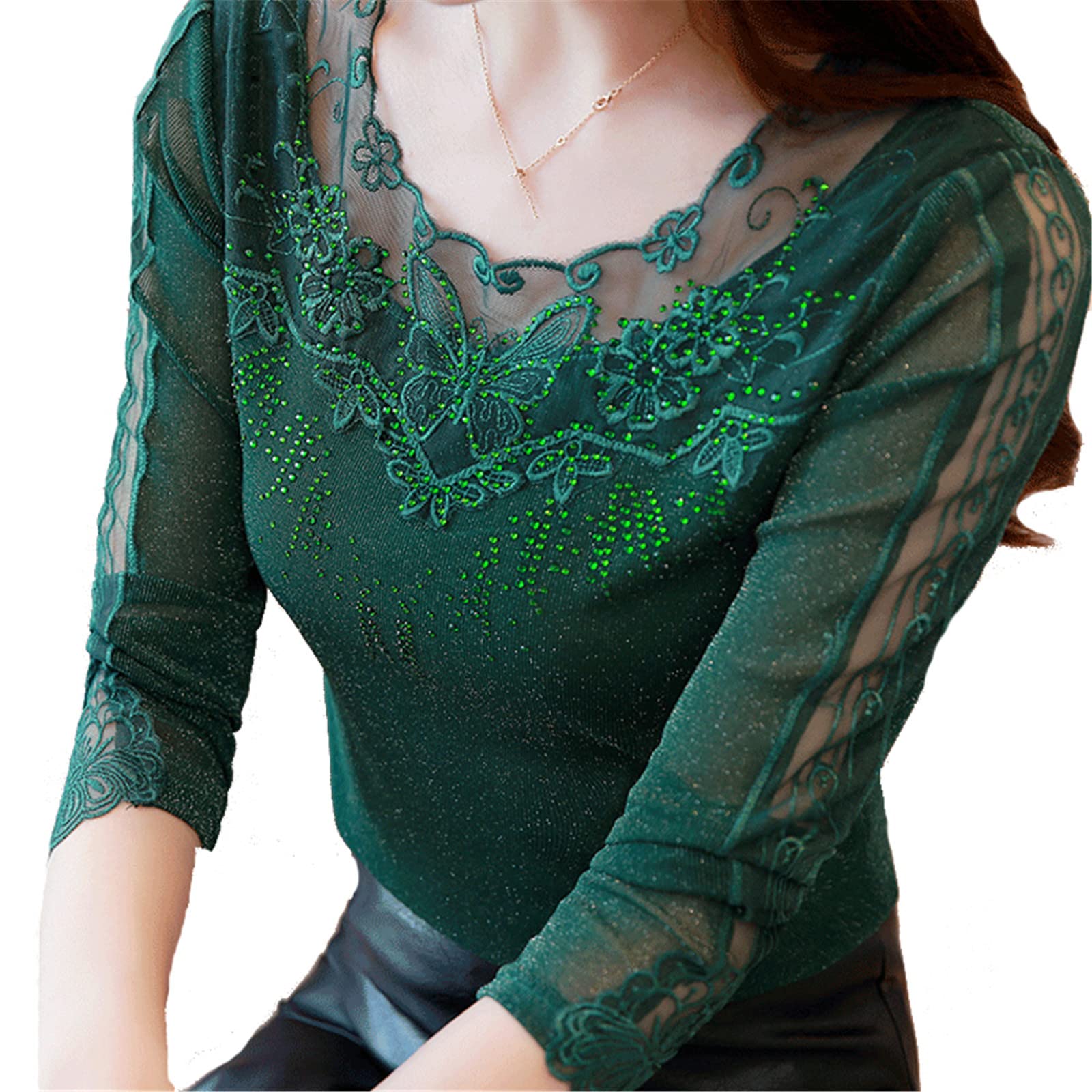SaoBiiu Camicetta casual da donna autunnale in pizzo a maglia patchwork da donna camicie eleganti con diamanti, Viola, S
