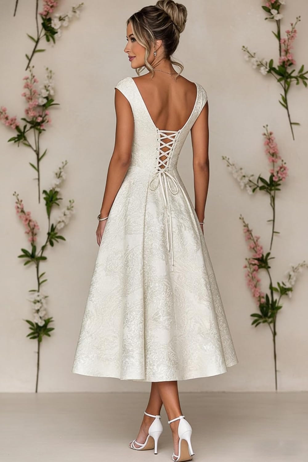 Floral Jacquard Satin Prom Dresses 2026 for Teens A Line Tea Length Midi Evening Party Gowns with Pockets LL-M165