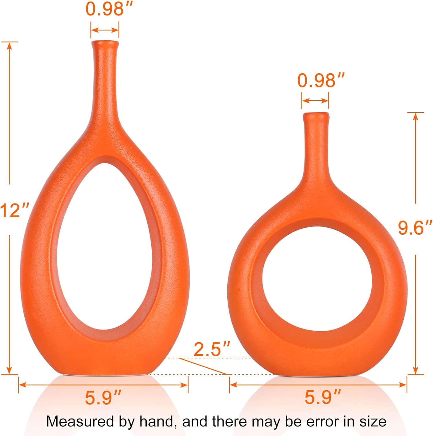 Orange Ceramic Vase Set 2,Modern Hollow Circle with Hole Flower Vase for Home Decor,for Table Centerpieces,Farmhouse,Fire Place,Living Room,Bedroom,Office,Bookshelf,Rustic Decor