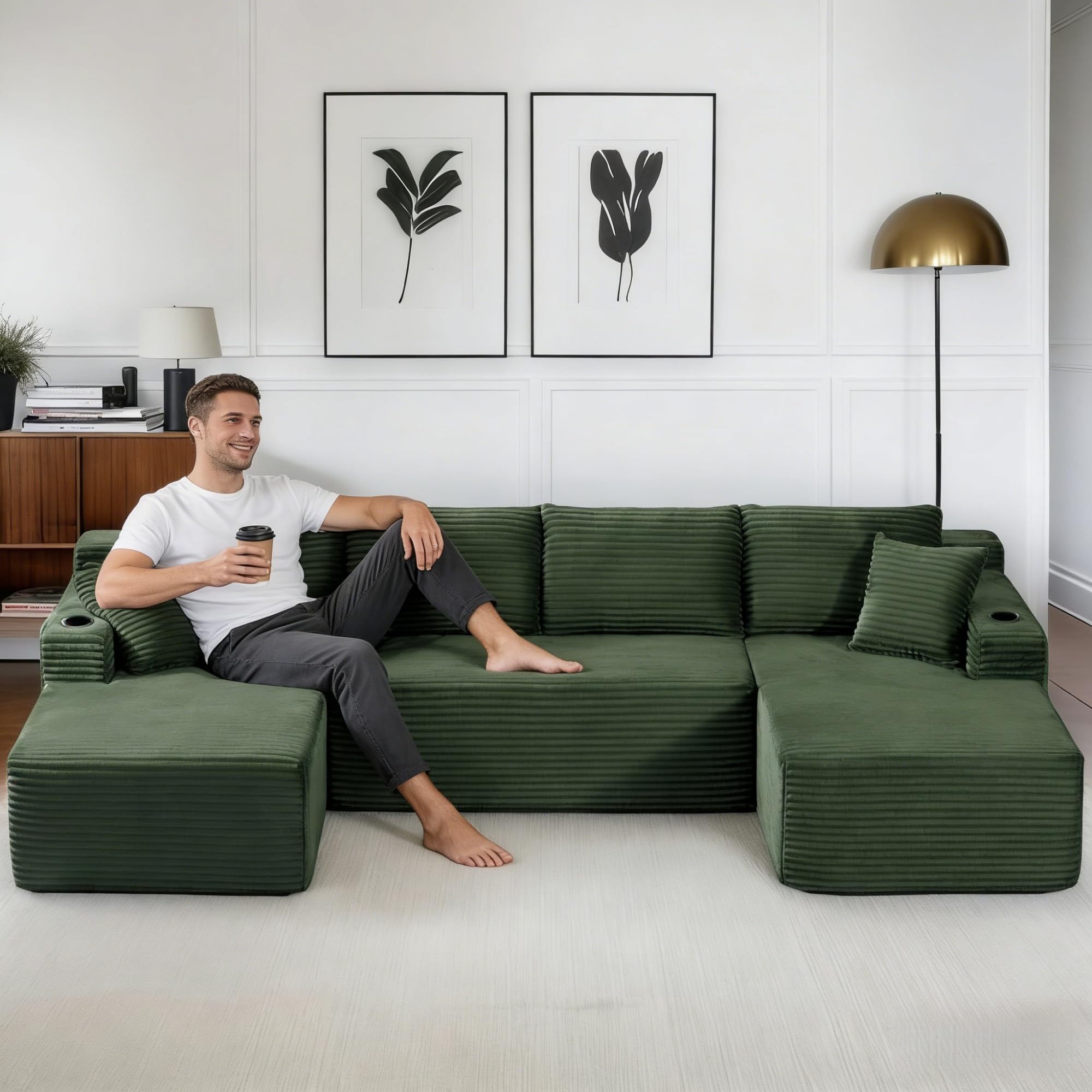 Trygoal 133.5" U Shaped Couch, Cloud U-Shaped Boneless Sofa with Chaise, Comfy Corduroy Couch with Cupholders and Storage, Modern Upholstered Modular