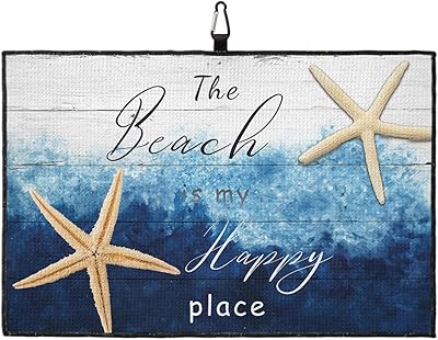 OComster The Beach is My Happy Place Starfish Golf Towel with Carabiner Clip, Summer Blue Wood Ombre Microfiber Waffle Pattern Golf Towel, Golf Accessories for Cleaning Clubs and Balls, 24x16 in
