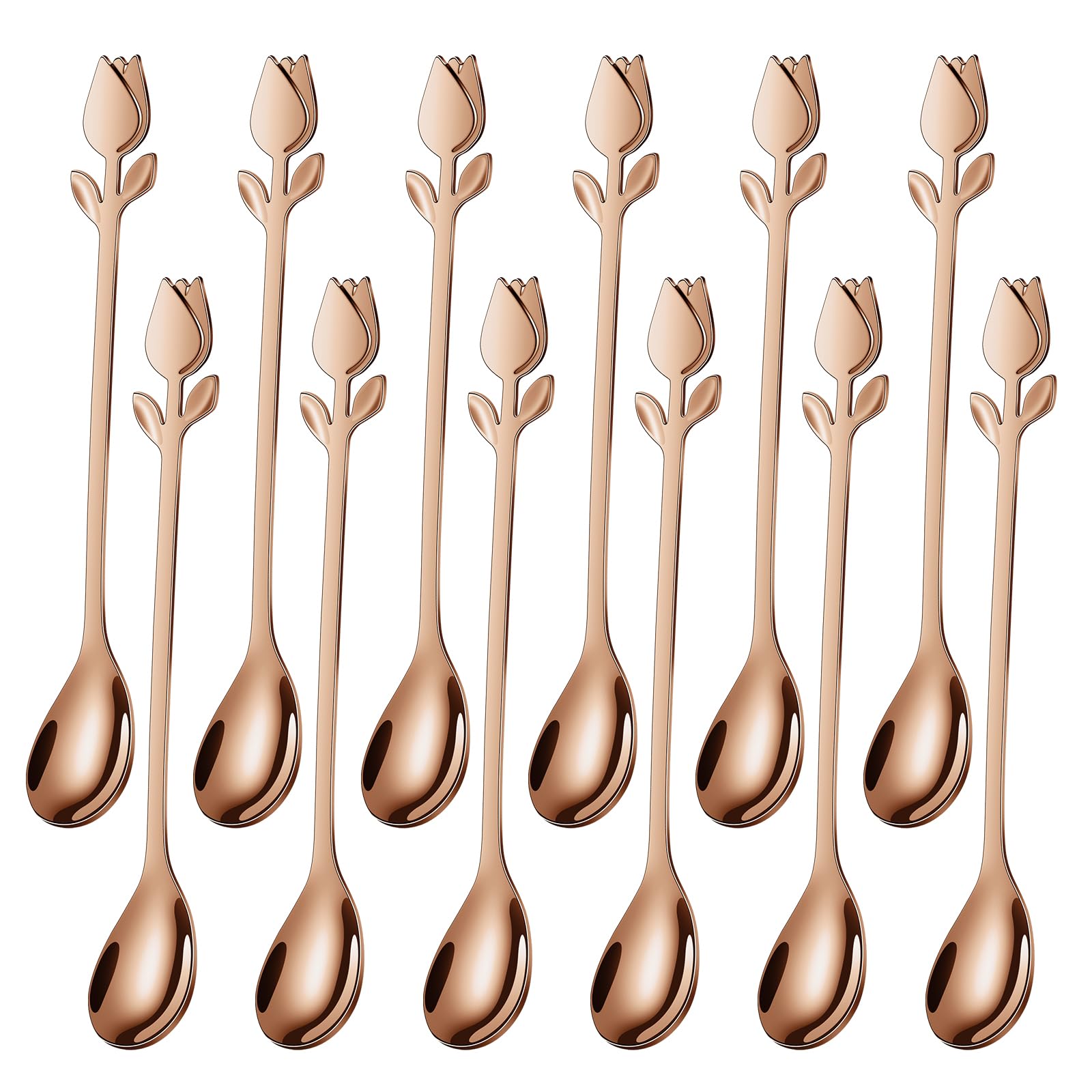 Juego de 12 mini cucharas de café con mango de tulipán de oro rosa, acero inoxidable de 6 pulgadas para espresso, té, postre, ideal para demitasse y porciones pequeñas