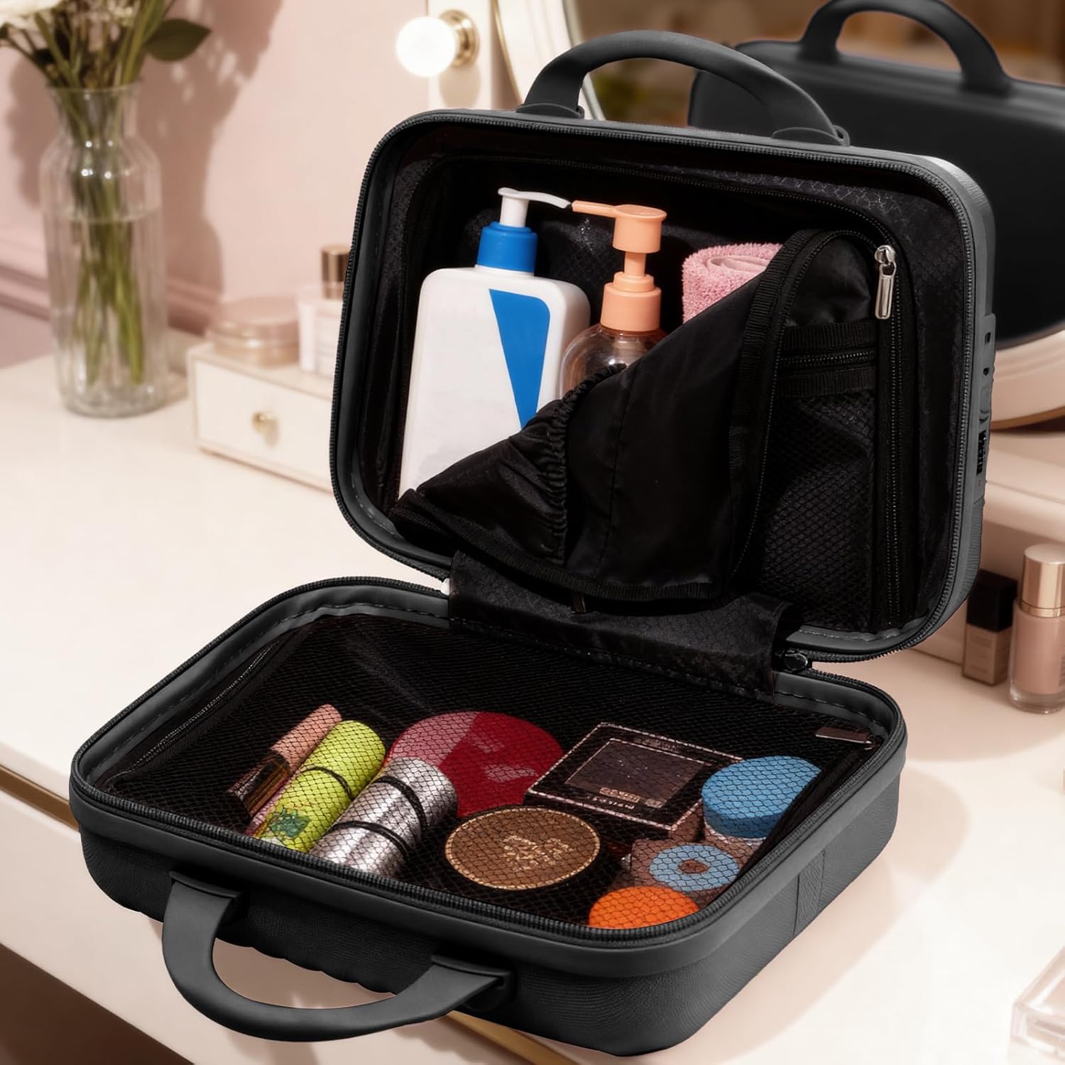 14 Inch Makeup Train Case with Lock Hard Shell Cosmetic Travel Case w Elastic Strap, ABS Portable Toiletry Bag for Toiletries Make up Storage Case Gift for Women Adult