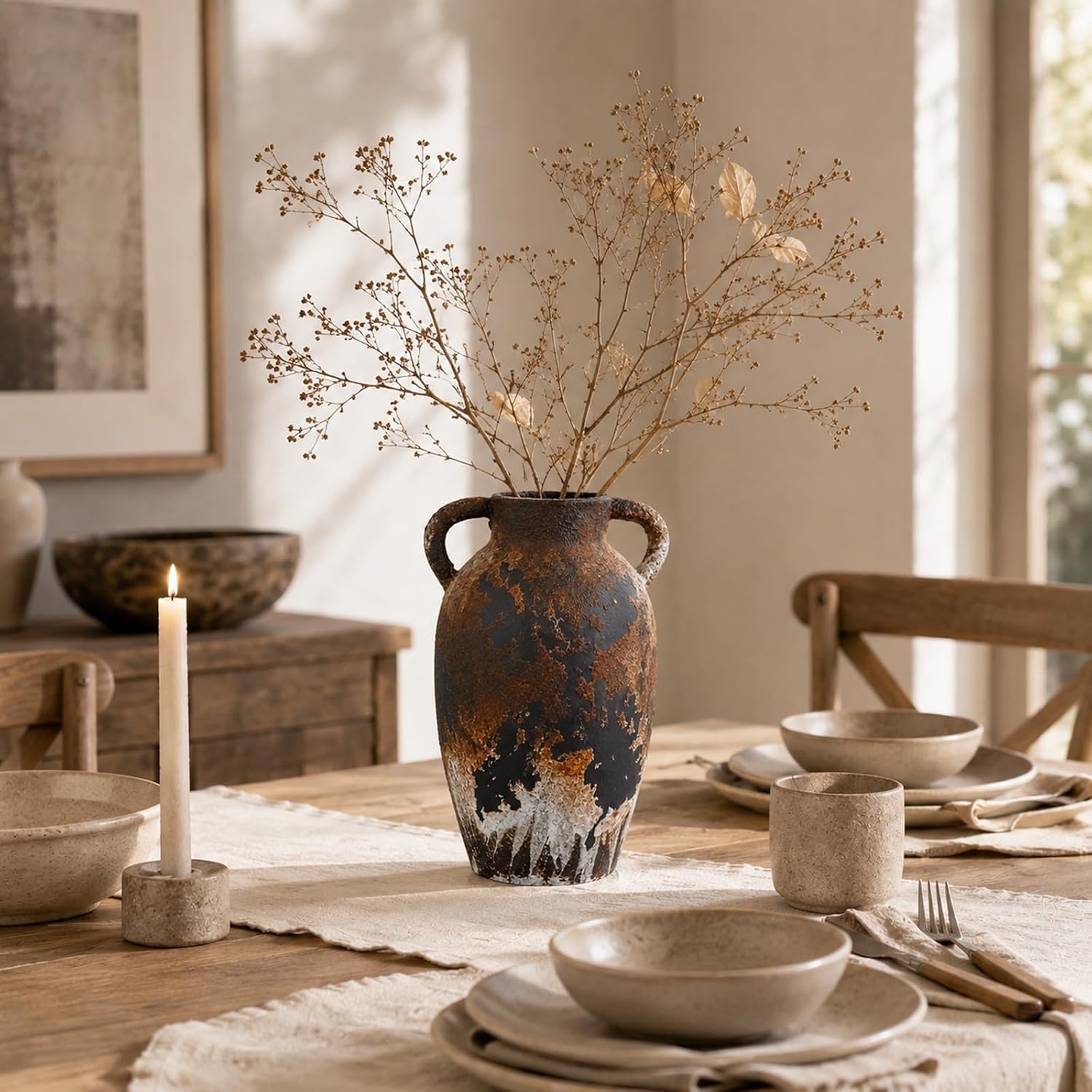 Wabi Sabi Vase, Brown Rustic Ceramic Vase for Home Decor, Vintage Amphora Pottery Vase, Rustic Farmhouse Decorative Vase for Shelf Console Coffee Table Entryway Mantel Curated Decor