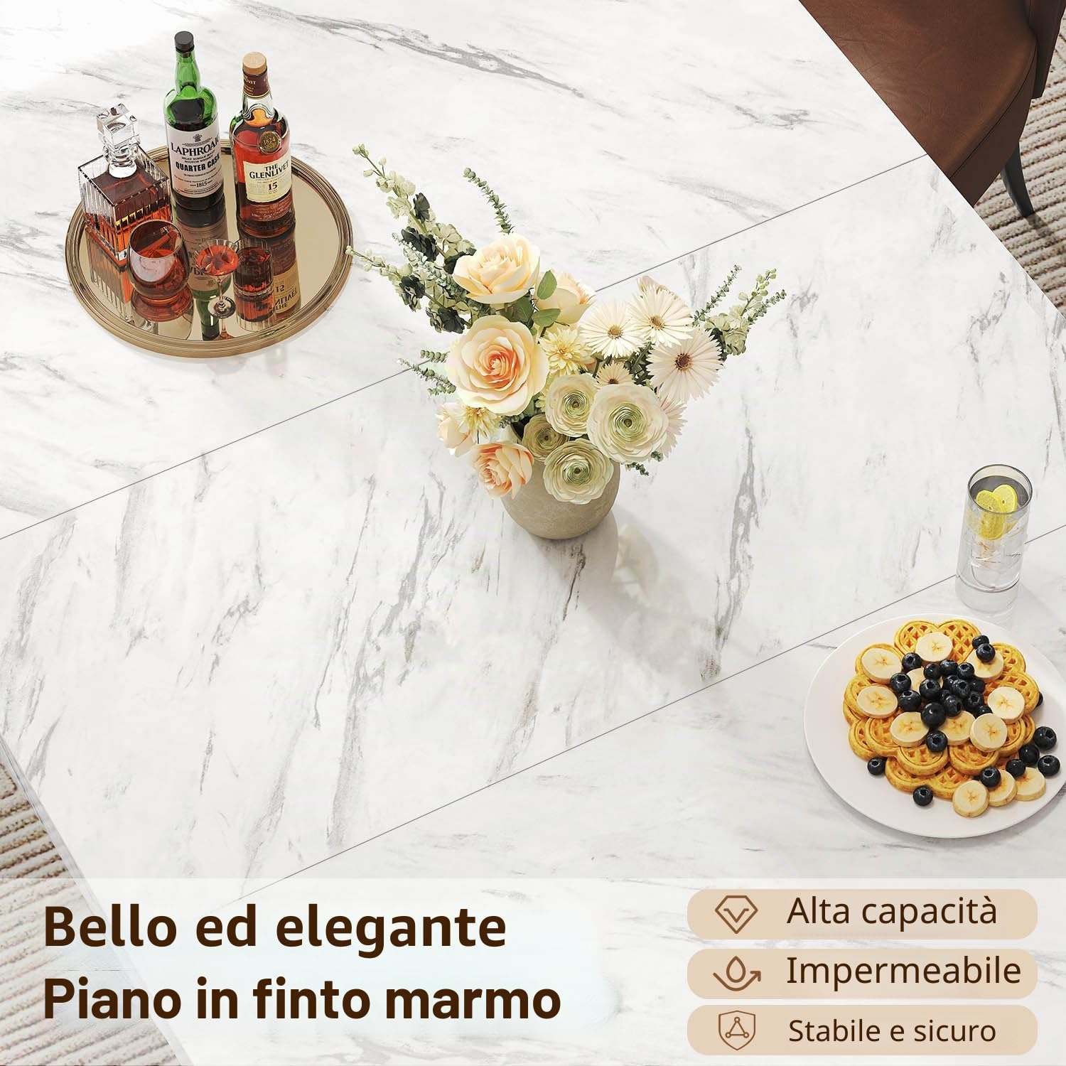 HSH Tavolo da pranzo in finto marmo bianco, 160 cm, moderno tavolo da pranzo per 6 persone, tavolo da cucina rettangolare per soggiorno, grande tavolo da pranzo in legno con piedistallo resistente