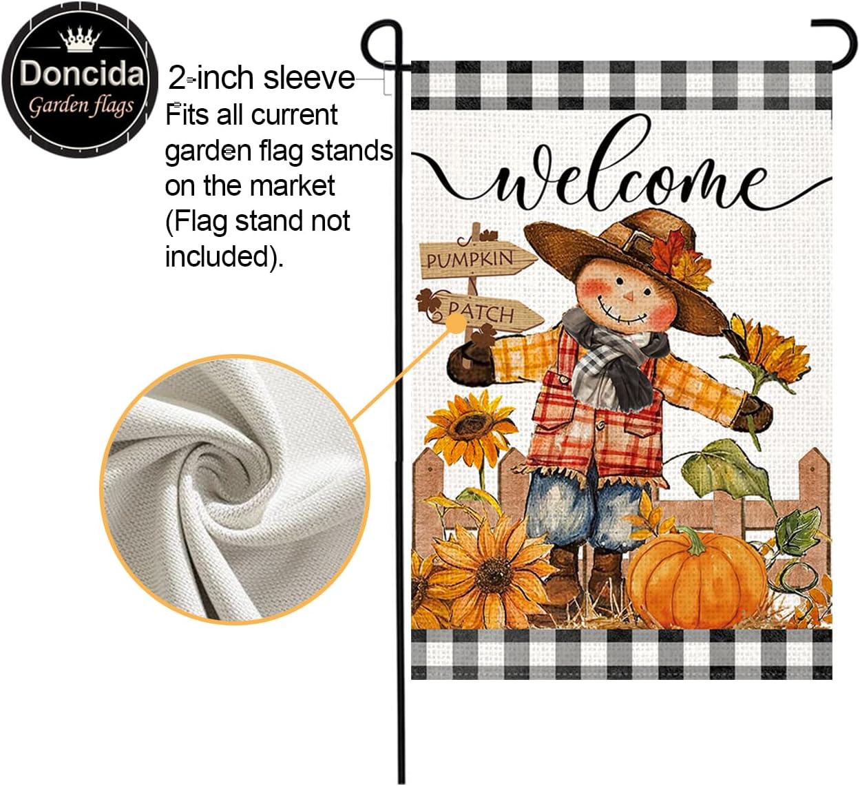 Doncida Welcome Fall Scarecrow Garden Flag 12x18 Inch Double Sided Burlap Pumpkin Patch Sunflower Small Thanksgiving Yard Flag for Outside Decoration - Image 3