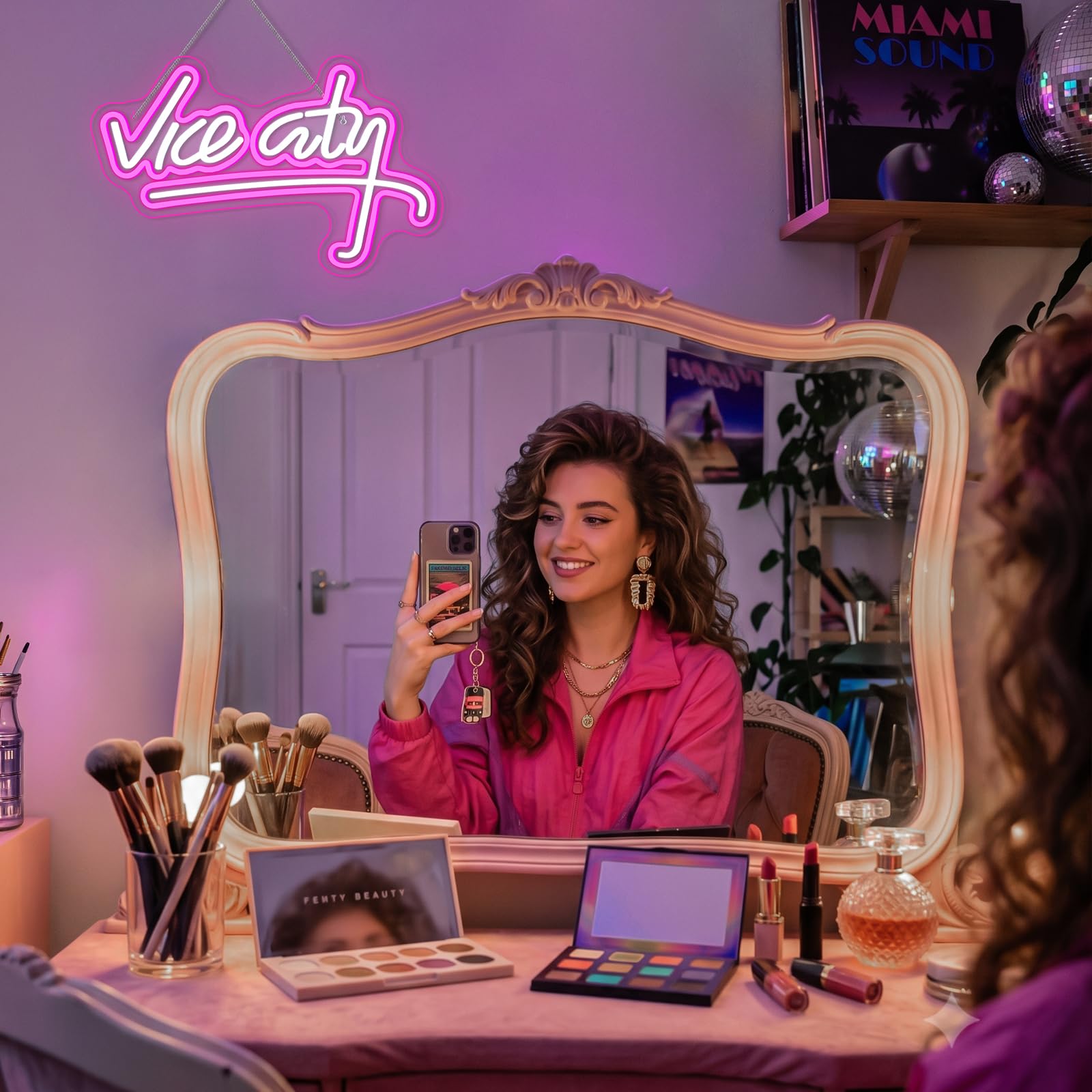Vice City - Letrero LED rosa para decoración de pared de dormitorio, letra de neón alimentada por USB, para sala de juegos, bar, cueva de hombre, zona de juegos (18.5 x 11.4 pulgadas)