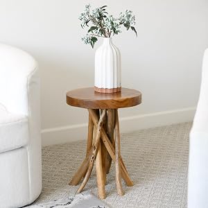WELLAND Teak Wood Stick Leg End Table 16 L x 16 W x 20 H Rustic Side Table