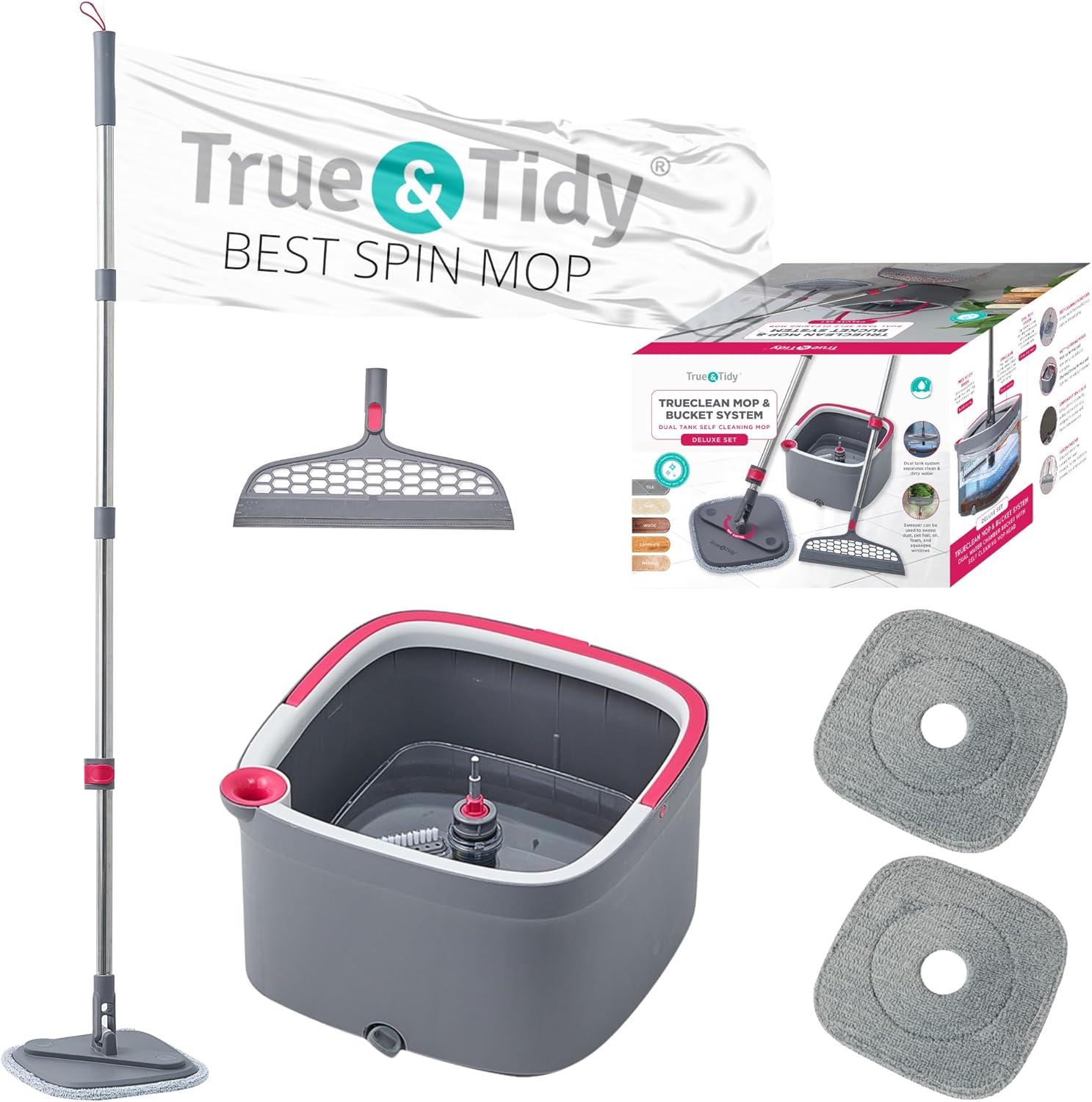 Spin Mop and Bucket with Separate Compartments for Clean and Dirty Water New 2025 Upgraded w/Side Brush, Self Standing Handle, Silicone Sweeper Mop Head, 2 Machine Washable Microfiber Pads