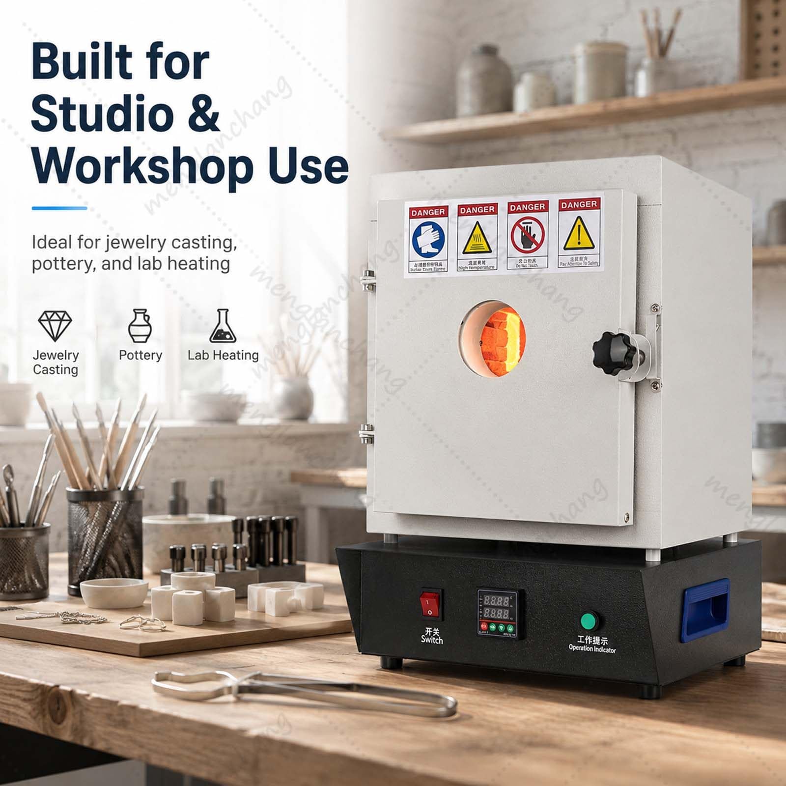 Elektrischer Muffelofen 1750W 1150°C, Brennofen mit PID Regelung und Sichtfenster, für Keramik, Emaille, Schmuckguss, Wachsverlust, Gussformen, Metall, Hobbytöpfer, Labor und Werkstatt