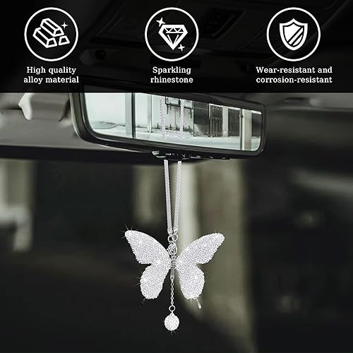 Miniatura 3 de Dickno Accesorios de automóvil con diseño de mariposa brillante para mujer, colgante de adorno de espejo retrovisor de automóvil, regalo del día de