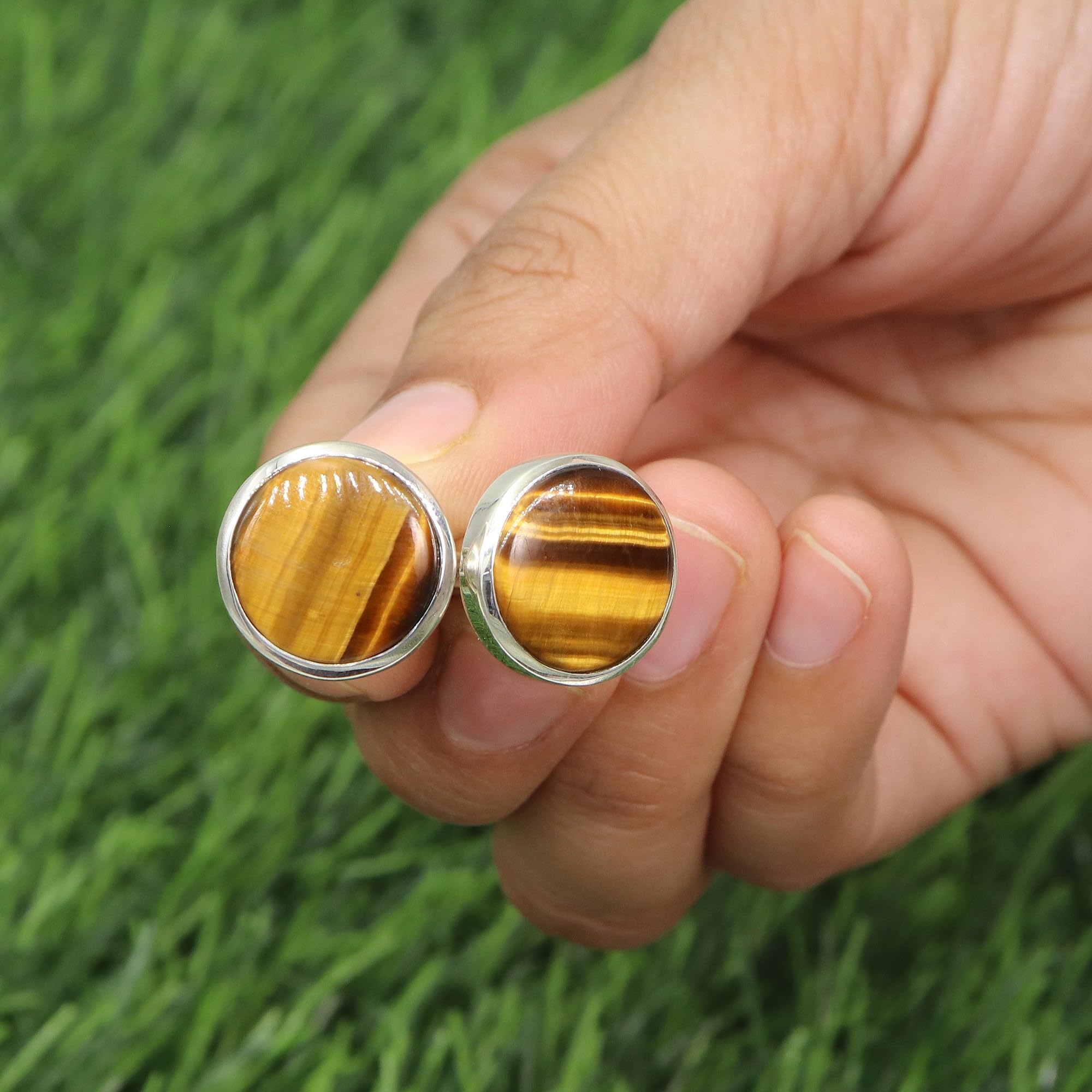 Gemelli in argento Sterling, gemelli per testimoni dello sposo, gemelli con occhio di tigre, gemelli con pietre preziose, gemelli da uomo, gemelli rotondi con pietra preziosa occhio di tigre, medio,