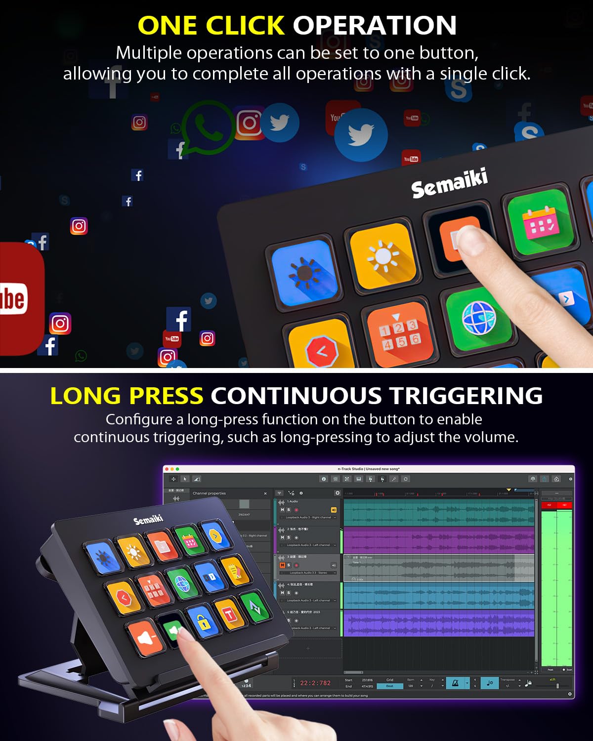 Semaiki Stream Controller Clavier macro avec 15 touches macro LCD personnalisables, déclenche des actions dans les applications et les logiciels tels que OBS, Twitch, Streamlabs, Discord, Mac et