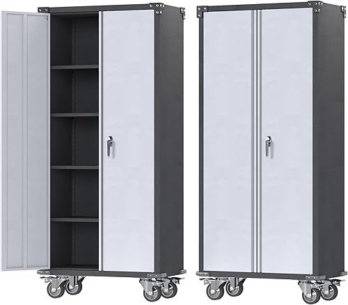 Armario de almacenamiento de metal con ruedas, armario de garaje con 4 cuchillas ajustables y puertas de bloqueo, gabinetes de herramientas rodantes
