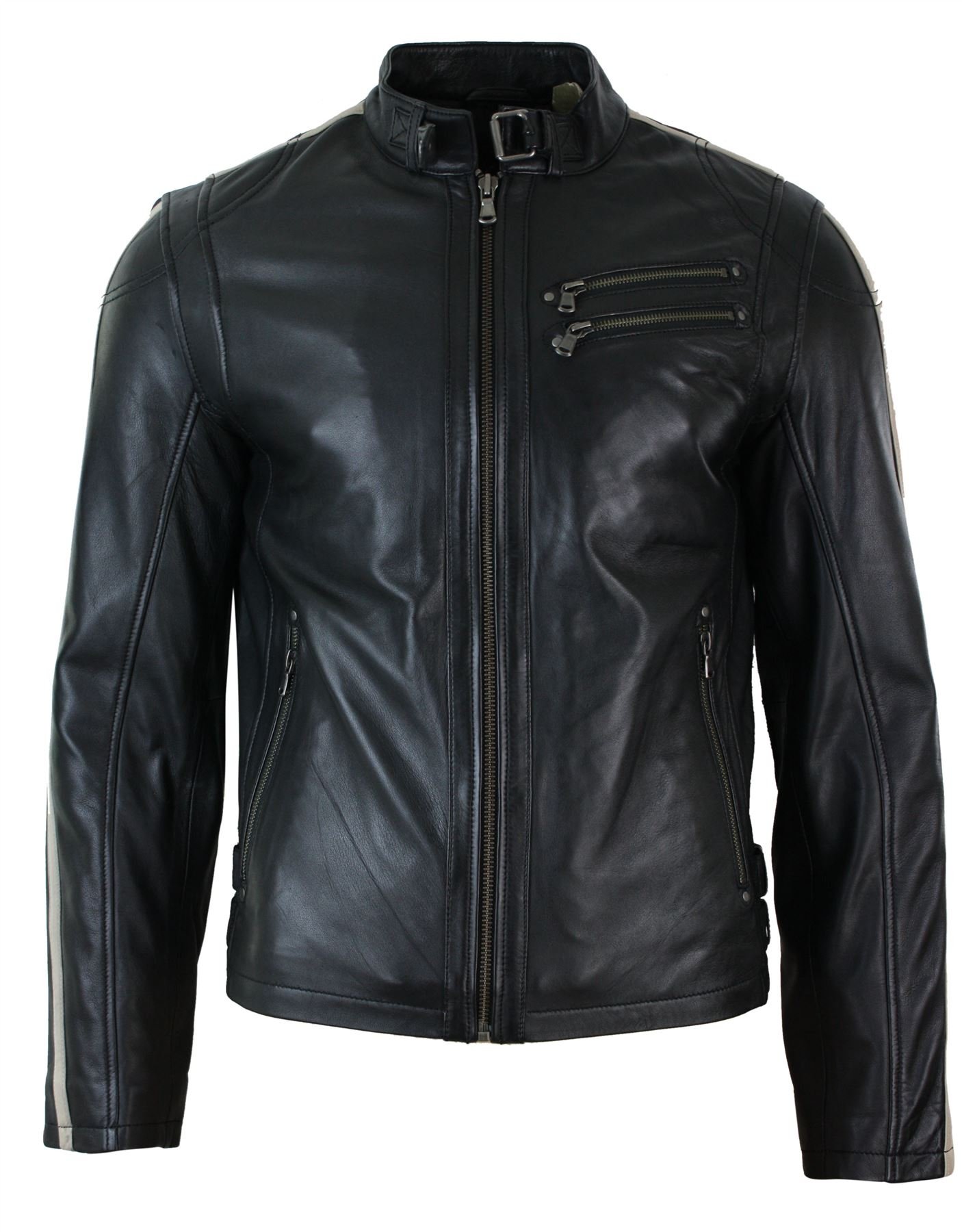 Truclothing Men's Black Leather Biker Racing Jacket Stripes Sleeves In | : Medium