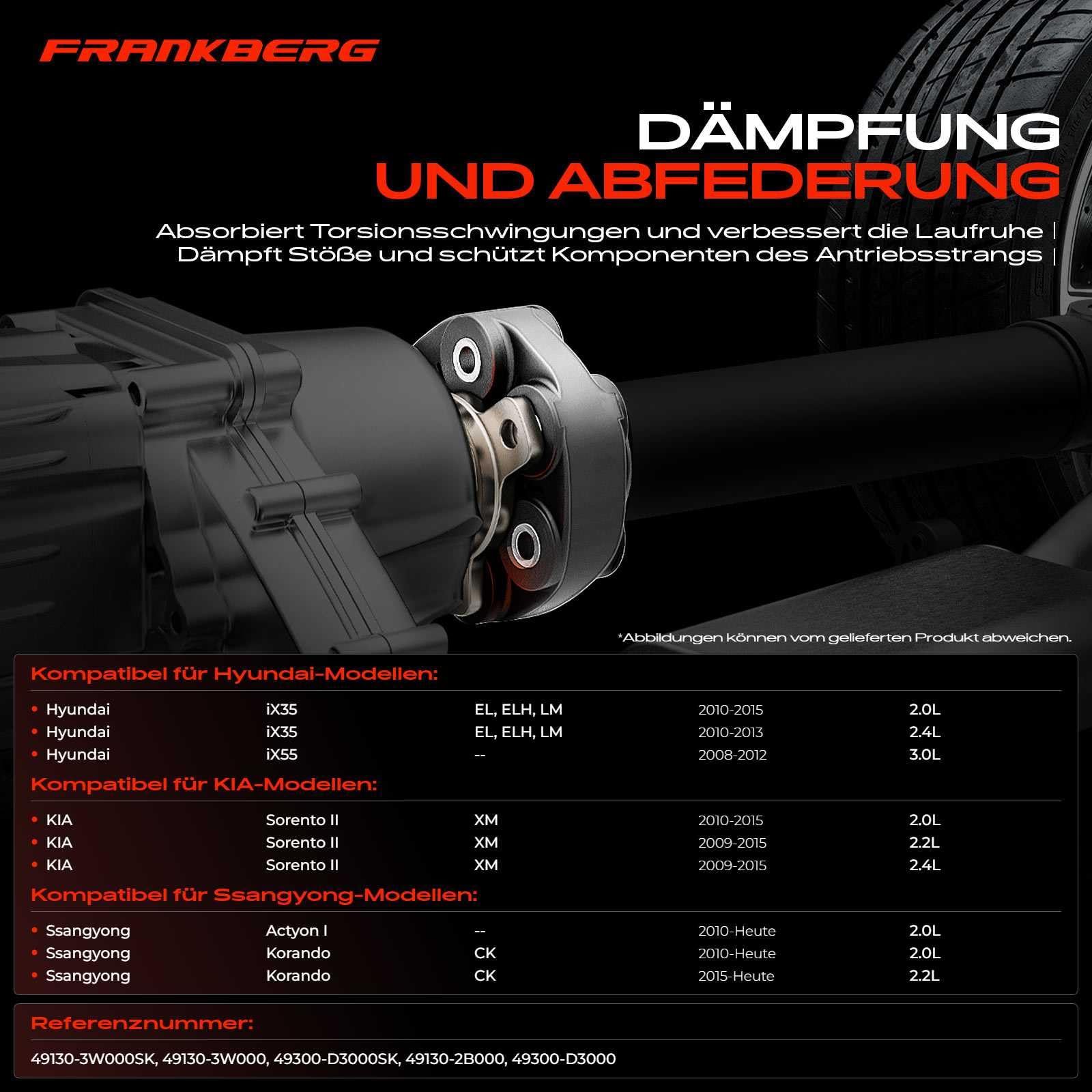 Frankberg Articulated Disc Hard Plate Cardan Shaft Compatible with iX35 Santa  Fé II Tucson 2006-2021 Sorento II Sportage 2009-2021 Replace # 49130-2B000  : Amazon.com.au: Automotive