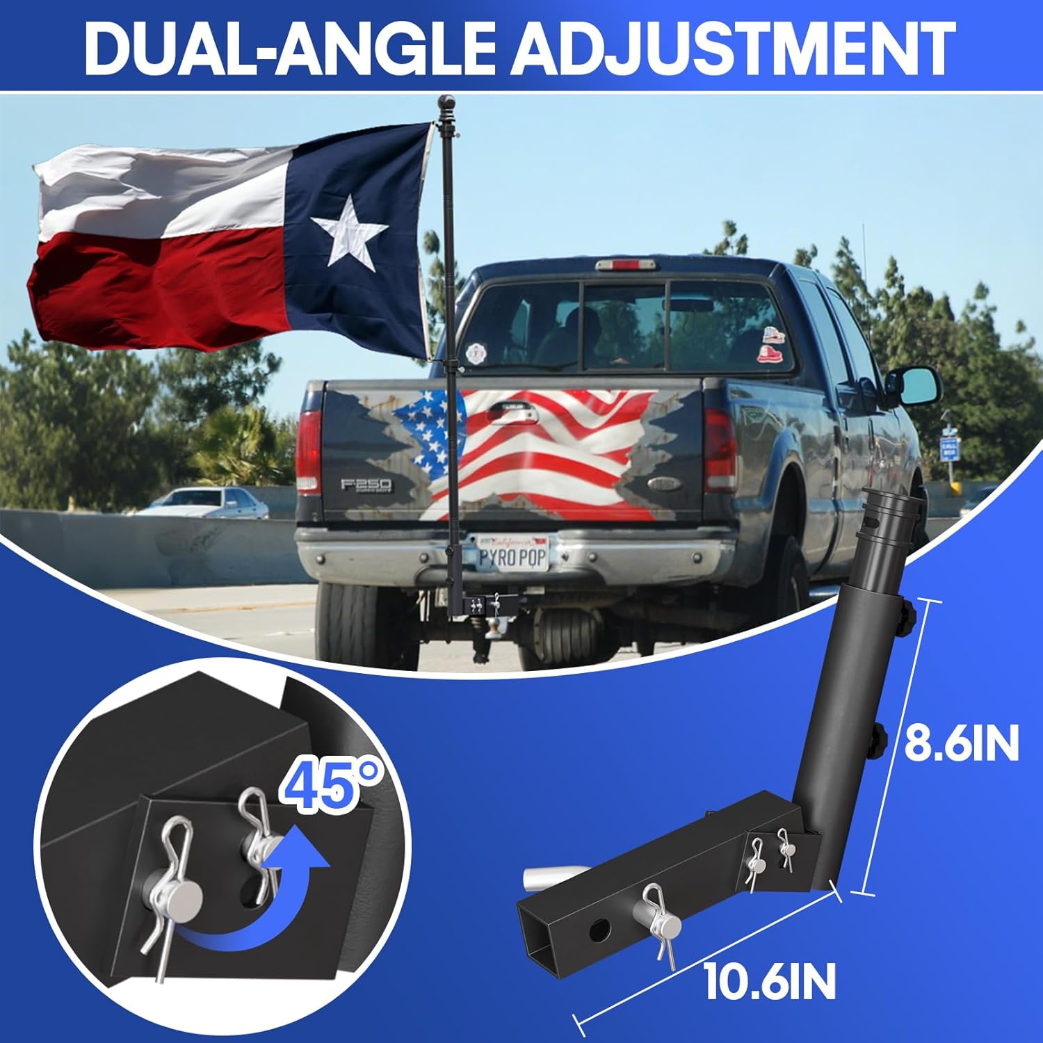 Truck Flag Pole Holder Hitch Mount – Heavy Duty 1-Hole Adjustable, Universal Kit for Standard 2" Receivers with Angle Adjustment, Black Metal Mount for Truck, SUV, Jeep, RV, Camper, Pickup - Image 2