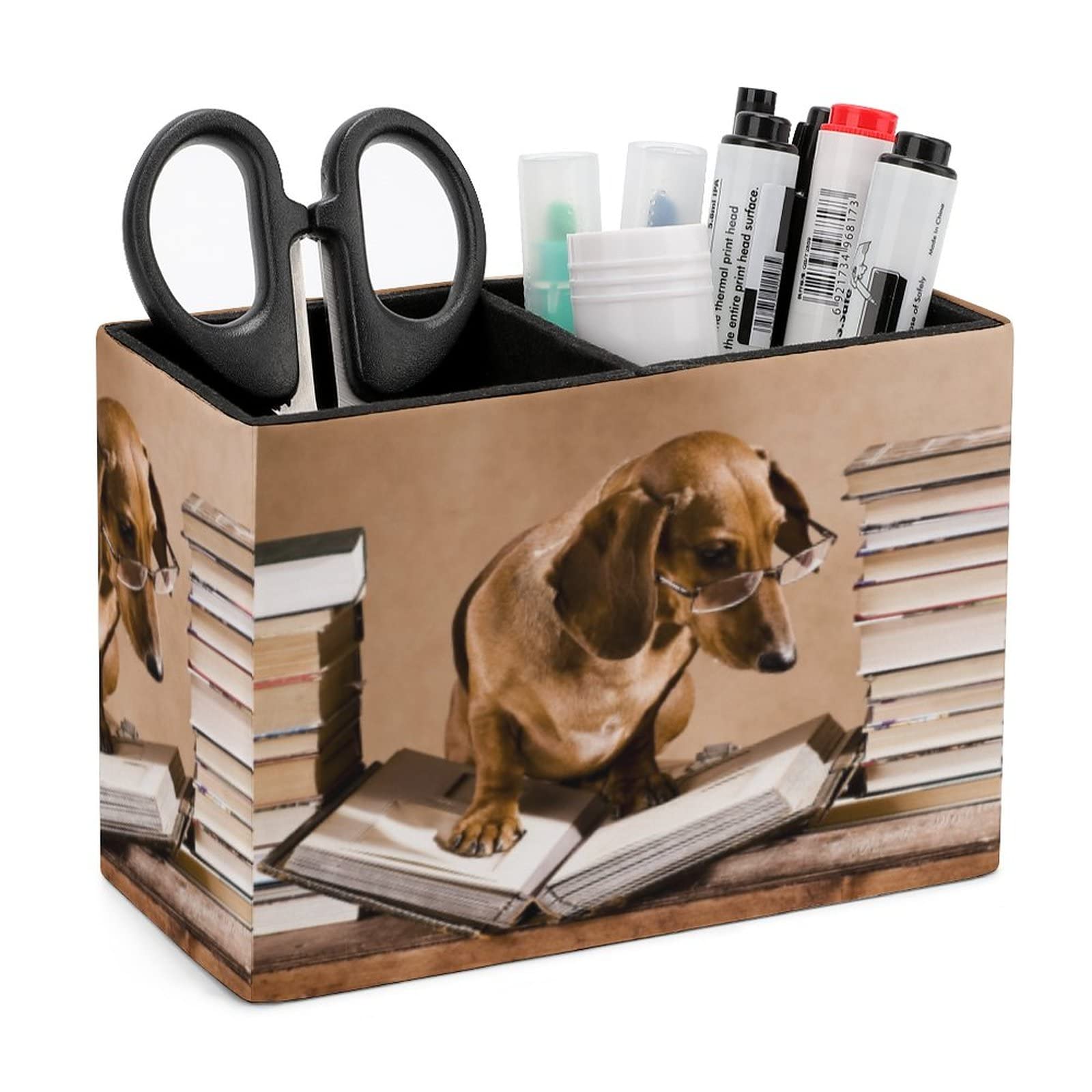 Niapessel Funny Dachshund Animal Pencil Holder, 2 Compartments, Brown Leather, Stationery Organizer, Makeup Brush Holder, Office School College