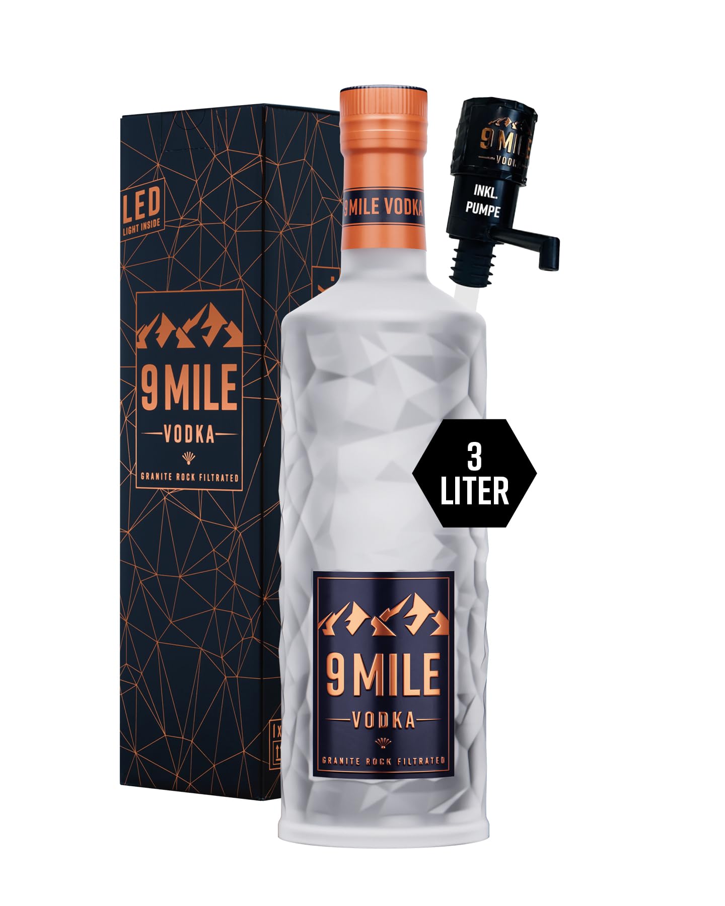 9 MILE Vodka 3l inkl. Flaschenpumpe & Geschenkverpackung – 37,5% Vol. Premium Vodka mit LED-Beleuchtung, Granite Rock Filtration & mildem Geschmack – ideal für Longdrinks oder den puren Genuss