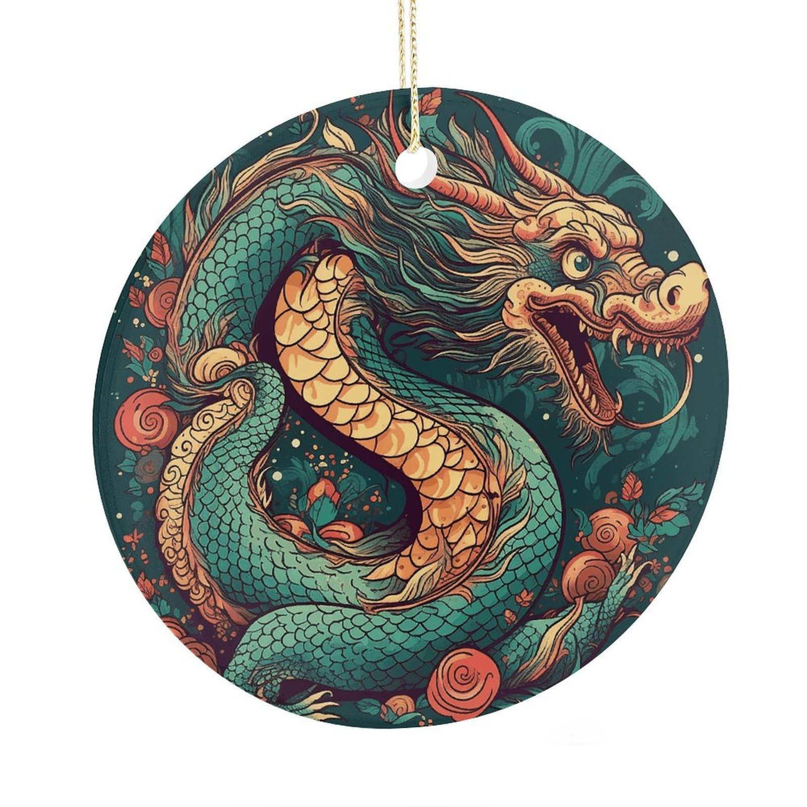 Fekiloot Style Oriental Dragon Pattern Christmas Ornaments 2.9 Inch Round Ceramic Ornament Keepsake Thank You Gifts For Office, Room, Home - Holiday Present Ideas