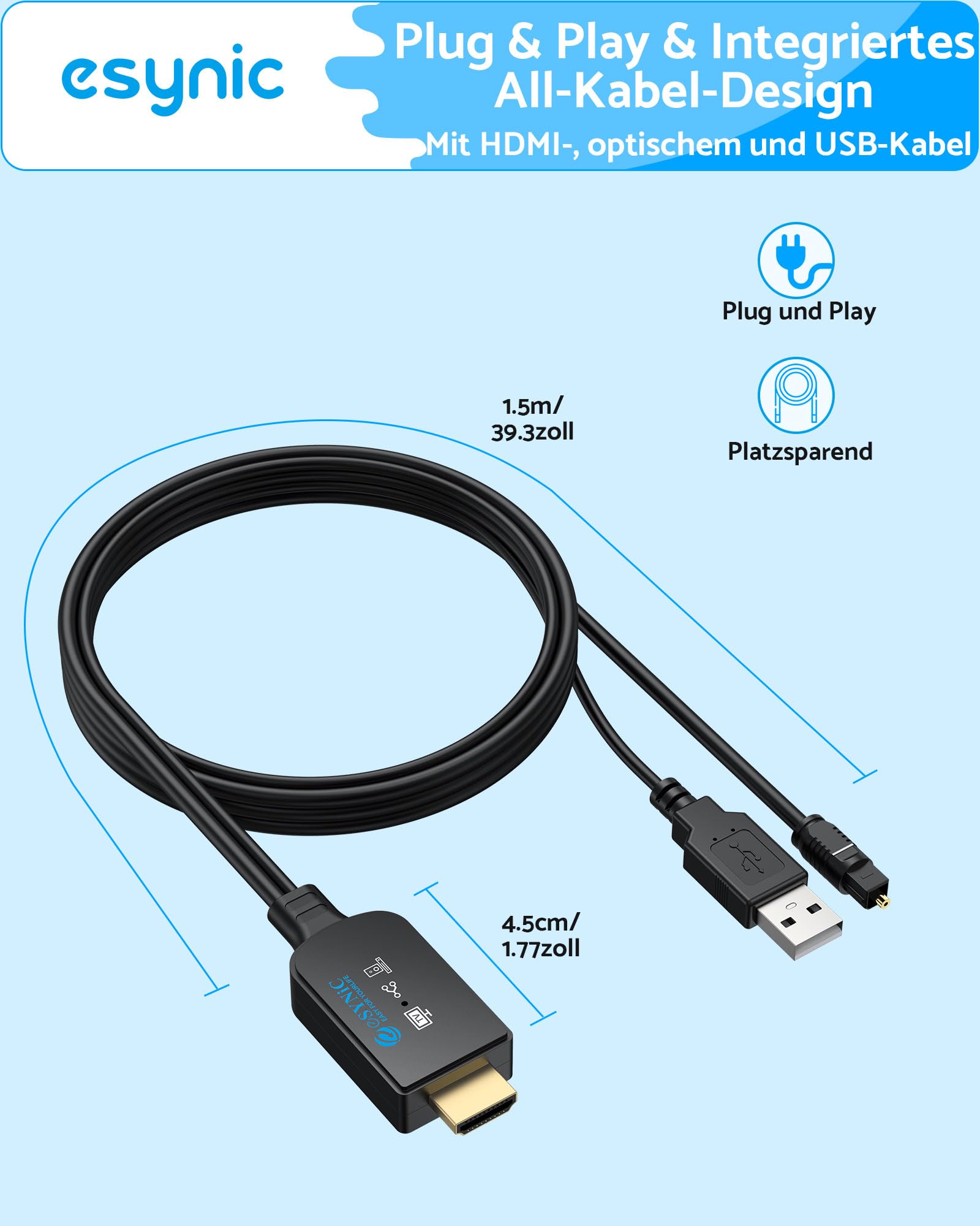 eSynic eARC/ARC zu Optisch Audio Kabel 1,5 m All-in-One HDMI ARC Adapter mit integriertem Audio Extractor 192 kHz/24 Bit Dolby Digital & DTS 5.1 Plug & Play für TV zu Soundbar Heimkino Funkkopfhörer