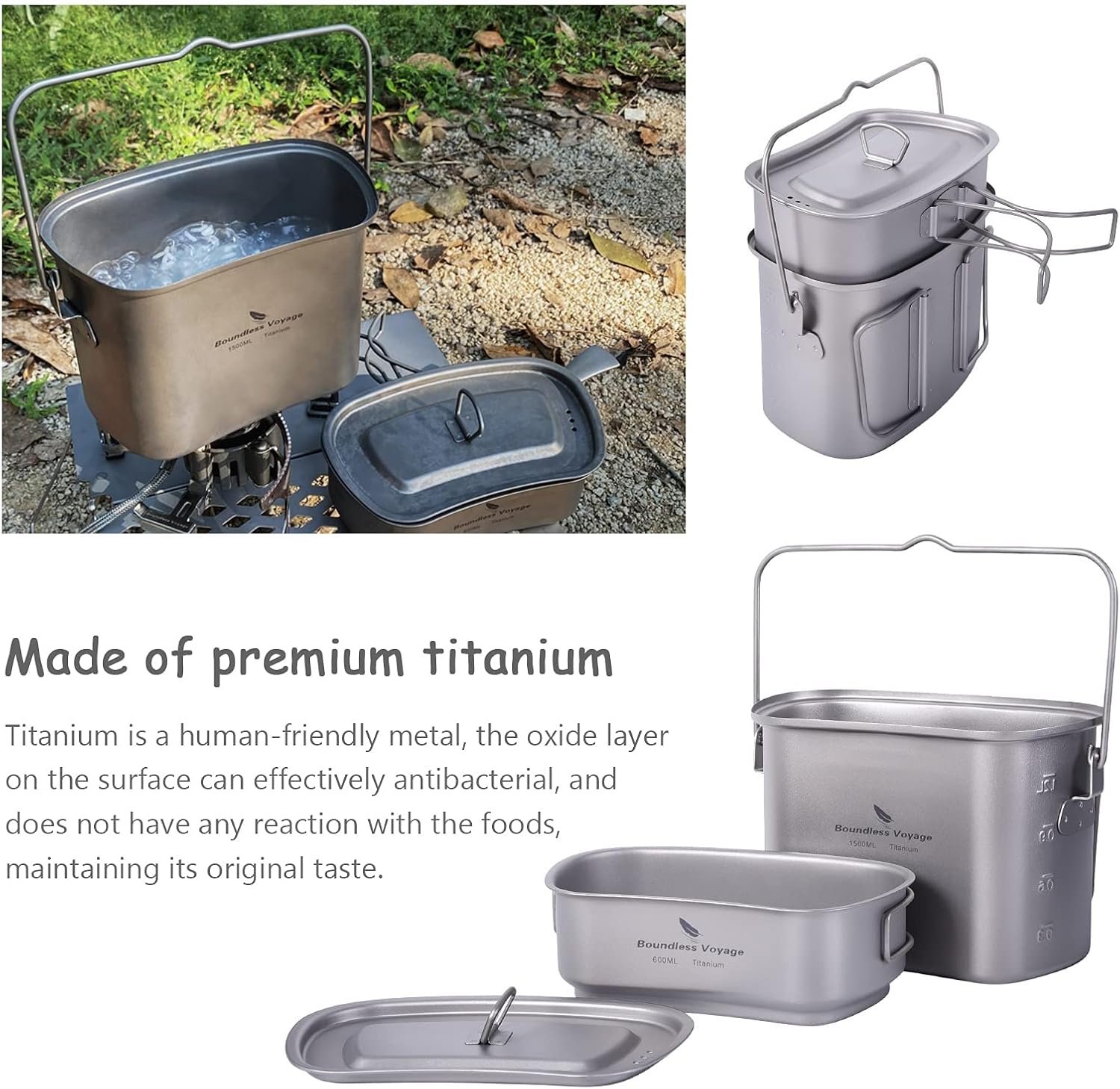 Boundless Voyage Titanium Camping Cookware Set 1500ml & 600ml Military Mess Kit with Lid Ultralight Backpacking Pot & Cup with Folding Handles for Hiking, Travel Portable Outdoor Cooking Kit Ti2059C