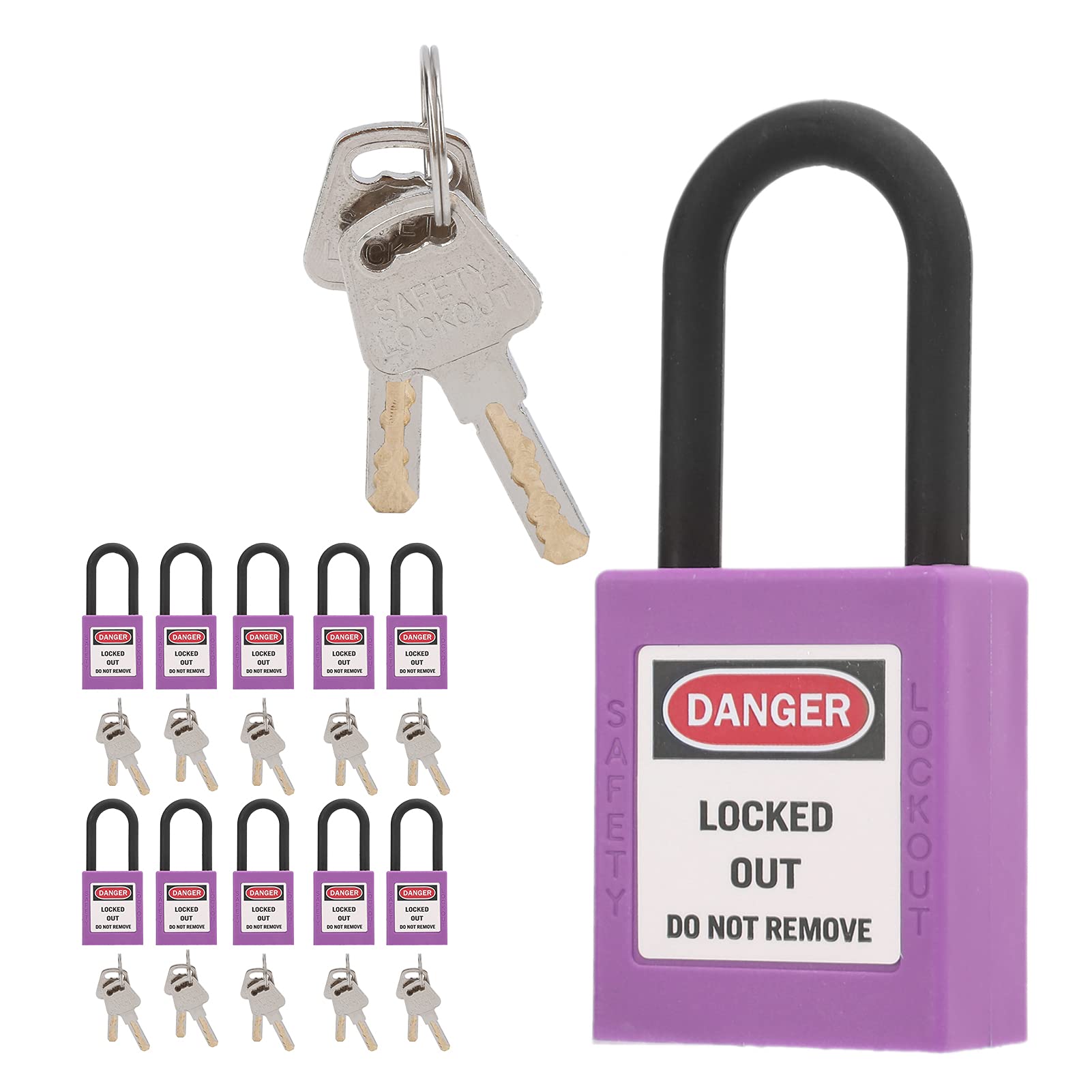 Sonew10pcs Set 38mm Lockout Tagout Locks, Engineering Insulation DustProof Safety Padlocks with 2 Keys for Factories Construction Sites Hospitals (Purple)