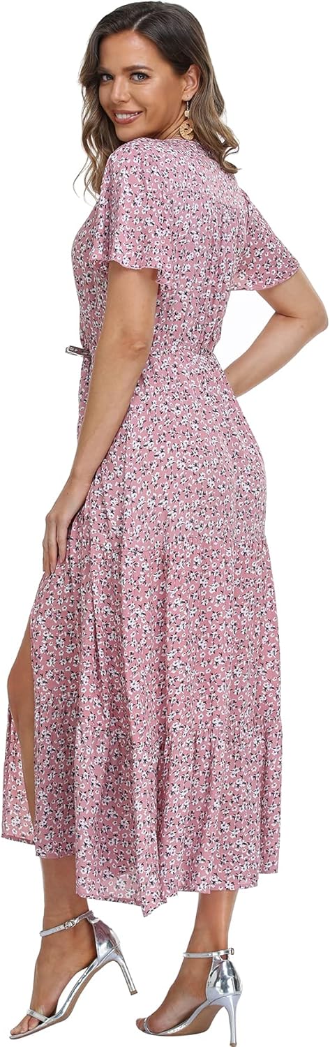 Women's Floral Maxi Dress Short Sleeve Midi Dress Summer Boho Dresses V-Neck Ruffle Swing Flowy Beach Party Dress with Slit - Image 4