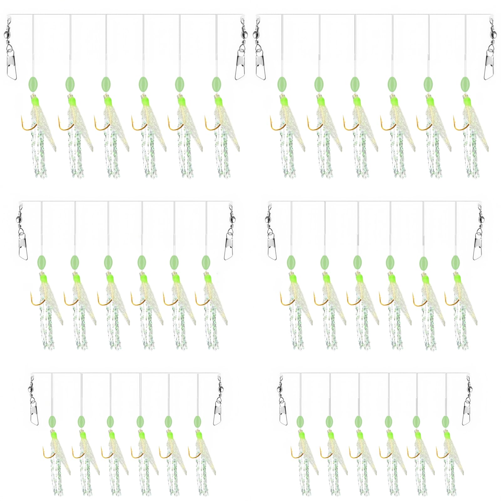 Mackerel Feathers Sea Fishing Tackle with 36 Pre-Tied Hooks & Luminous Beads - 6 Pack Bionic Lure Rigs for Cod, Herring, Mackerel and Deep Sea Night Fishing
