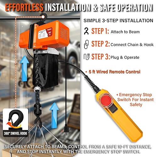 Miniatura 3 de Polipasto eléctrico de cadena de 1100 libras, cabrestante de 120 V con control remoto con cable de 5 pies, grúa aérea monofásica para garaje, polea