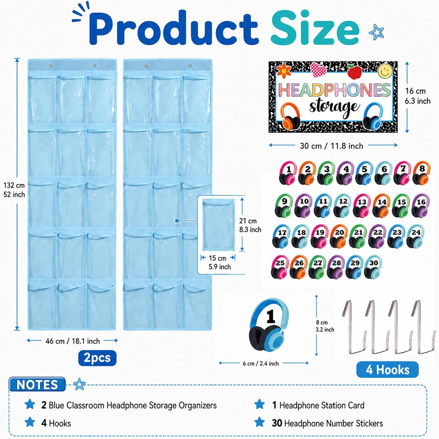 2 Pack Classroom Headphone Storage Organizer 30 Pockets PVC Clear Organizer Holder for Cell Phone Over The Door Hanging Bag with Headphone Storage Card Digital Sticker for Back to School Library(Blue)