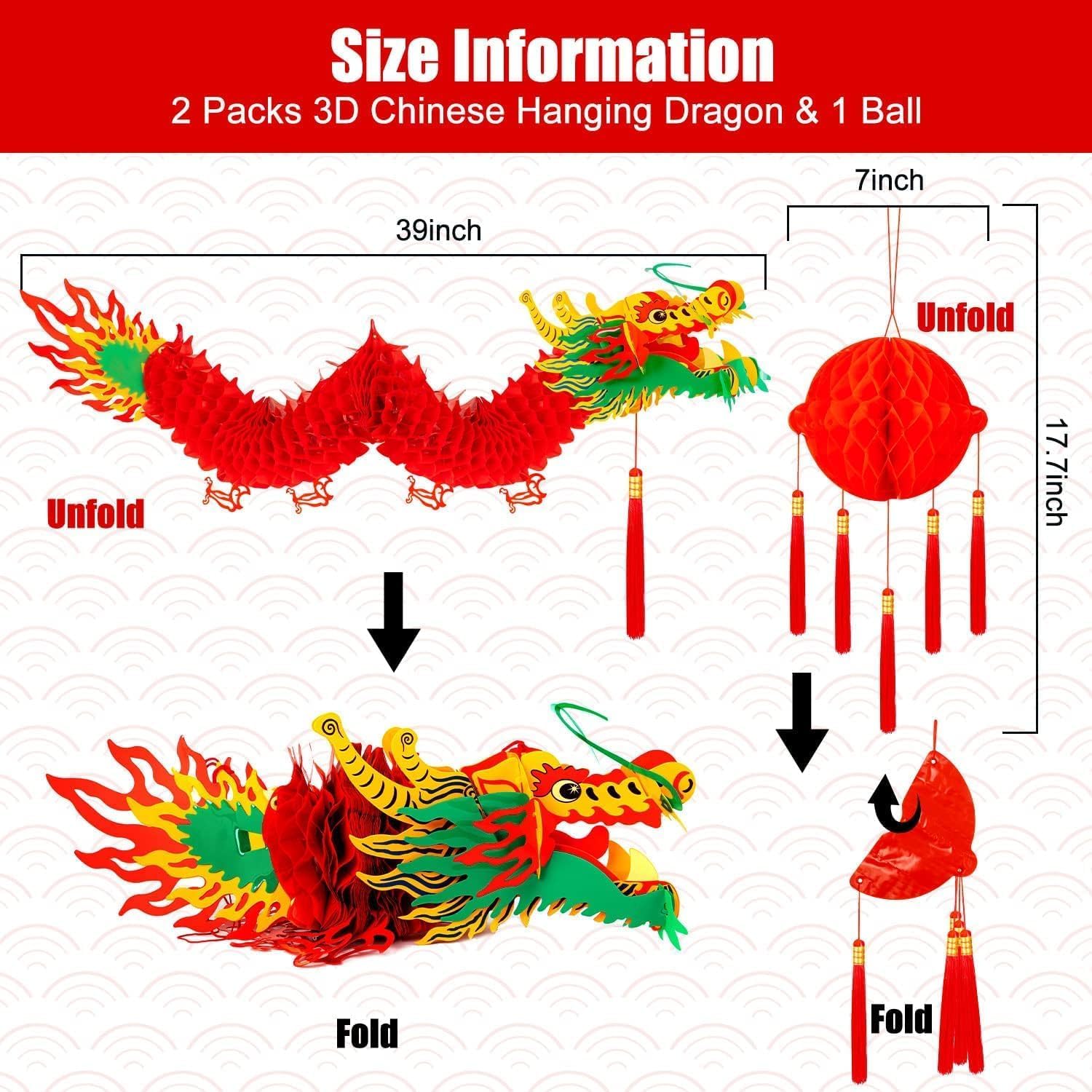 2Peces - Carta cinese 3D per Capodanno Dragon Garland con decorazioni rosse per la festa delle lanterne di primavera cinese e la festa di nozze