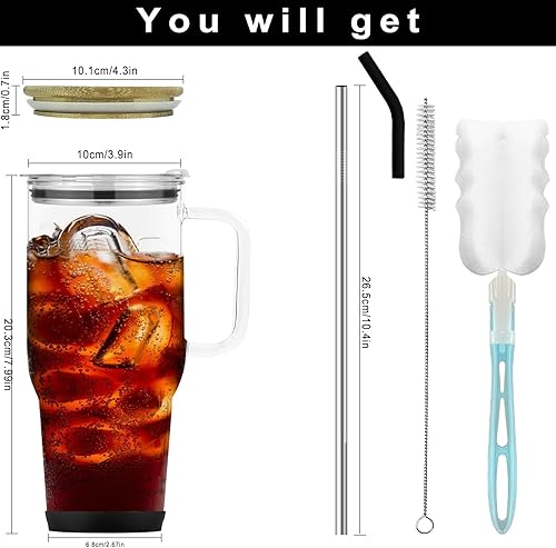 Miniatura 9 de Vaso de vidrio con tapa y popotes, taza de vidrio de gran capacidad de 40 onzas con asa, vasos para beber con posavasos de silicona, taza de agua de
