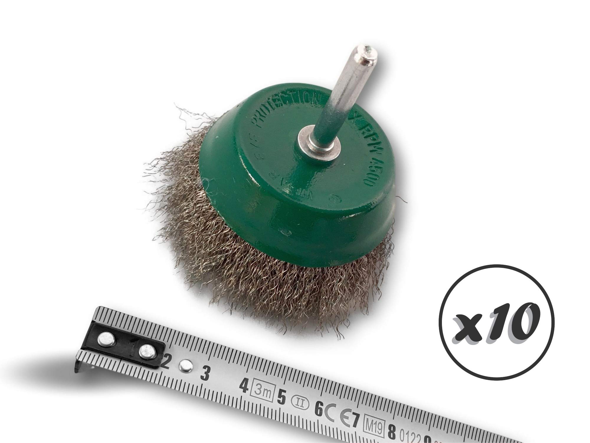 Metalowa szczotka obrotowa do cięcia Ø 75 mm | Zestaw 10 sztuk | Na pręcie Ø 6 mm | Nici ze stali nierdzewnej Ø 0,20 mm miękkie | Do wiertarki lub wkrętarki z uchwytem | Kibros 2575IVx10