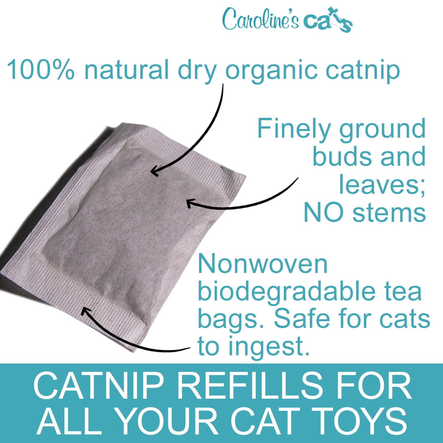 Caroline's Cats Organic Catnip Packets for Cat Toys – Refill Pouches for Flapping Bird, Flopping Fish, and More, 10 Tea Bags