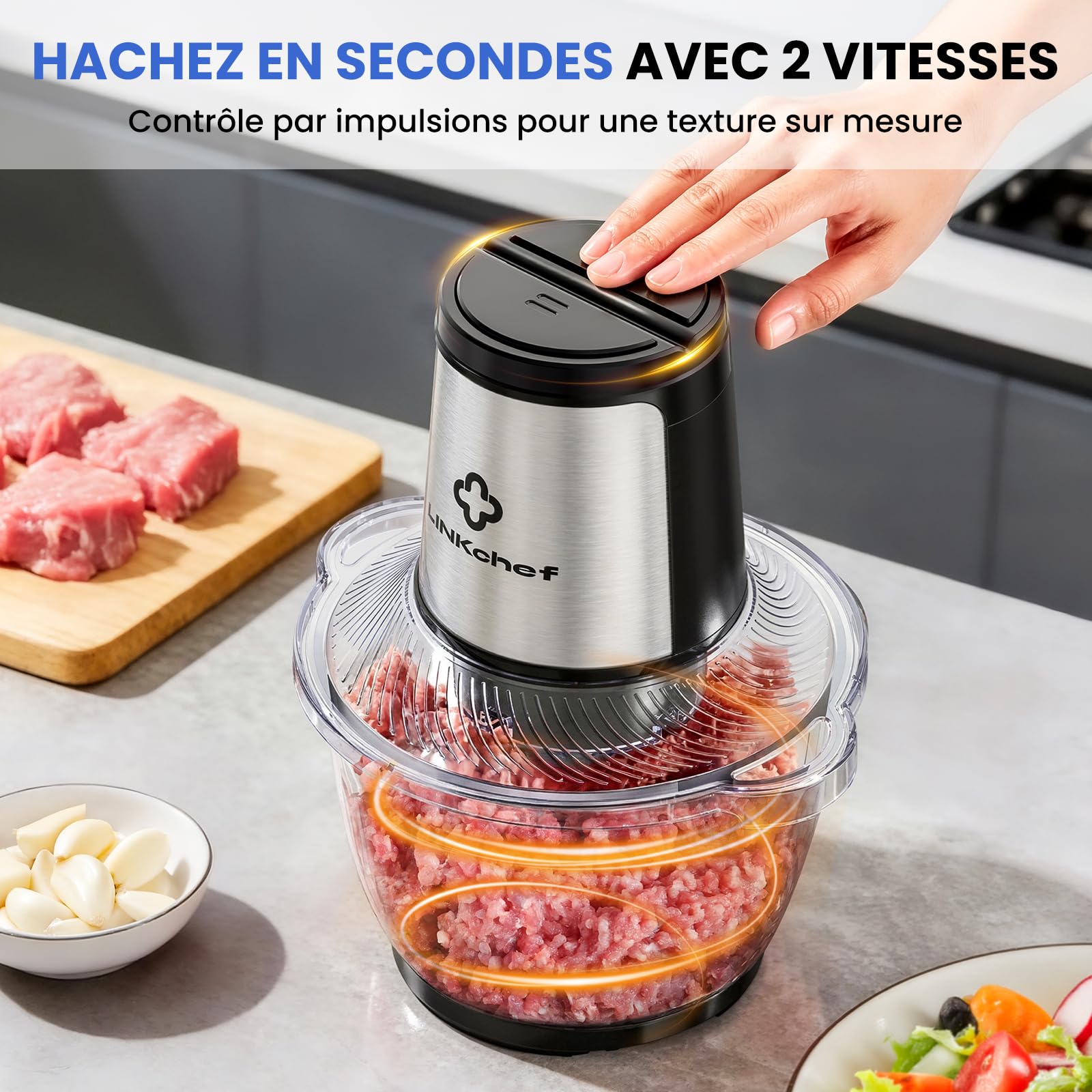 LINKChef Hachoir Électrique 1,5L Bol en Verre, 2 Vitesses, Lames en Acier Inox à 3 Niveaux – Mini Robot de Cuisine pour Viande, Légumes, Noix & Aliments Bébé