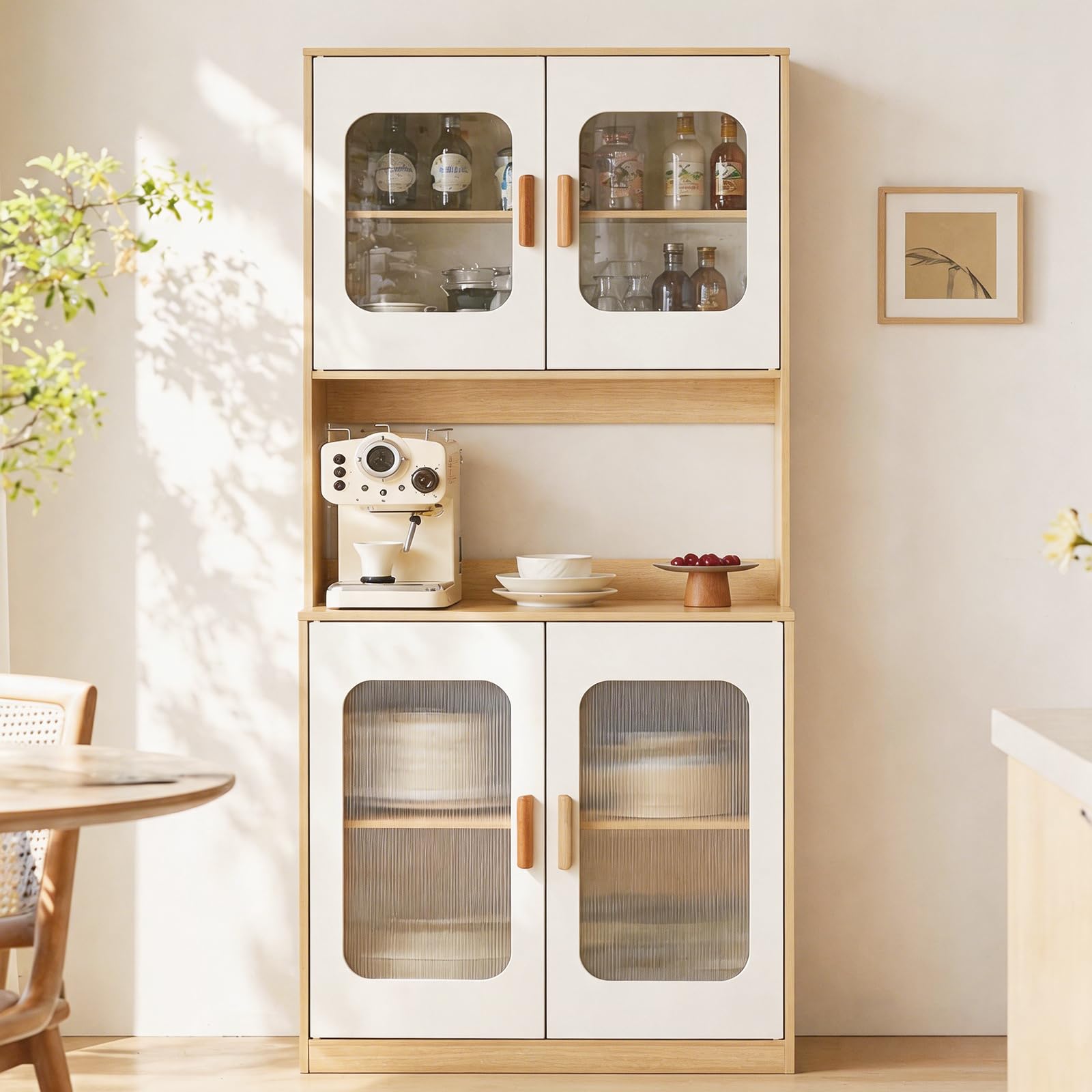 SHARPDO Buffet Cuisine Haut 180 cm, Meuble de Rangement Cuisine Blanc et Bois, Armoire de Cuisine avec Porte Transparente, Plateau pour Micro-Ondes, Placard Fermé