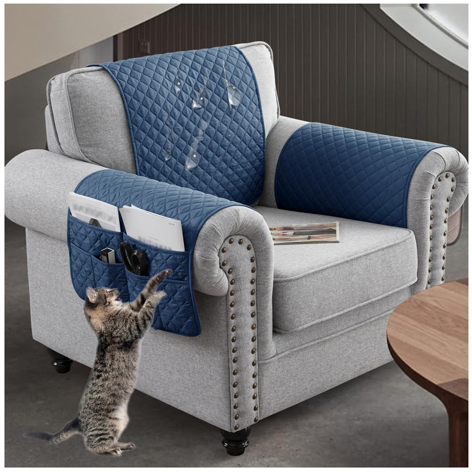 NNSMUN Sofa Armrest Cover 3/4/5Pcs, Waterproof and Nonslip Armchair Covers for Arms Headrest, Sofa Slipcover with Side Pocket, Quilted Protector for Pets Leather Couch (Blue,1 Seater(3pcs))
