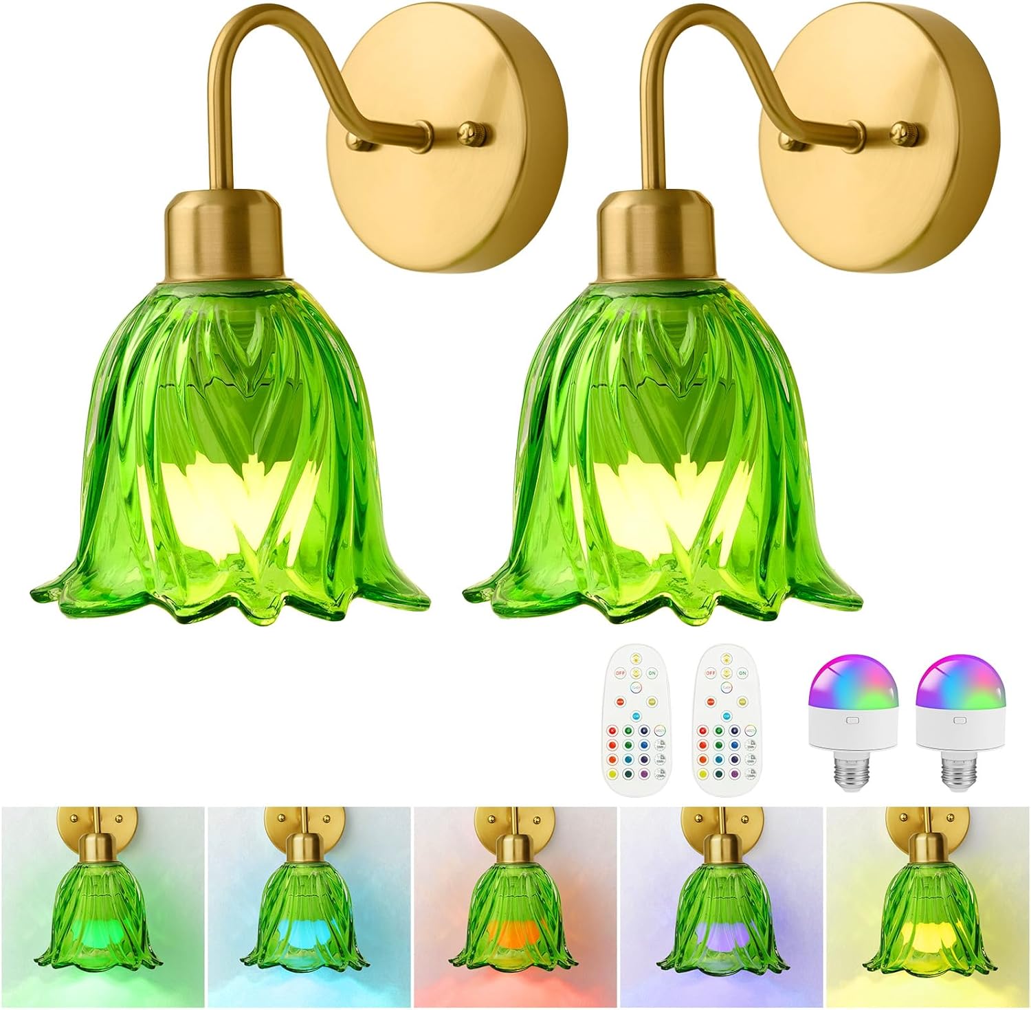Battery Operated Wall Sconces Set of Two, Rechargeable Wireless RGB Wall Lights for Living Room Bedroom Bathroom 4000mAh, Green Glass Lampshade Modern Farmhouse Home Decor