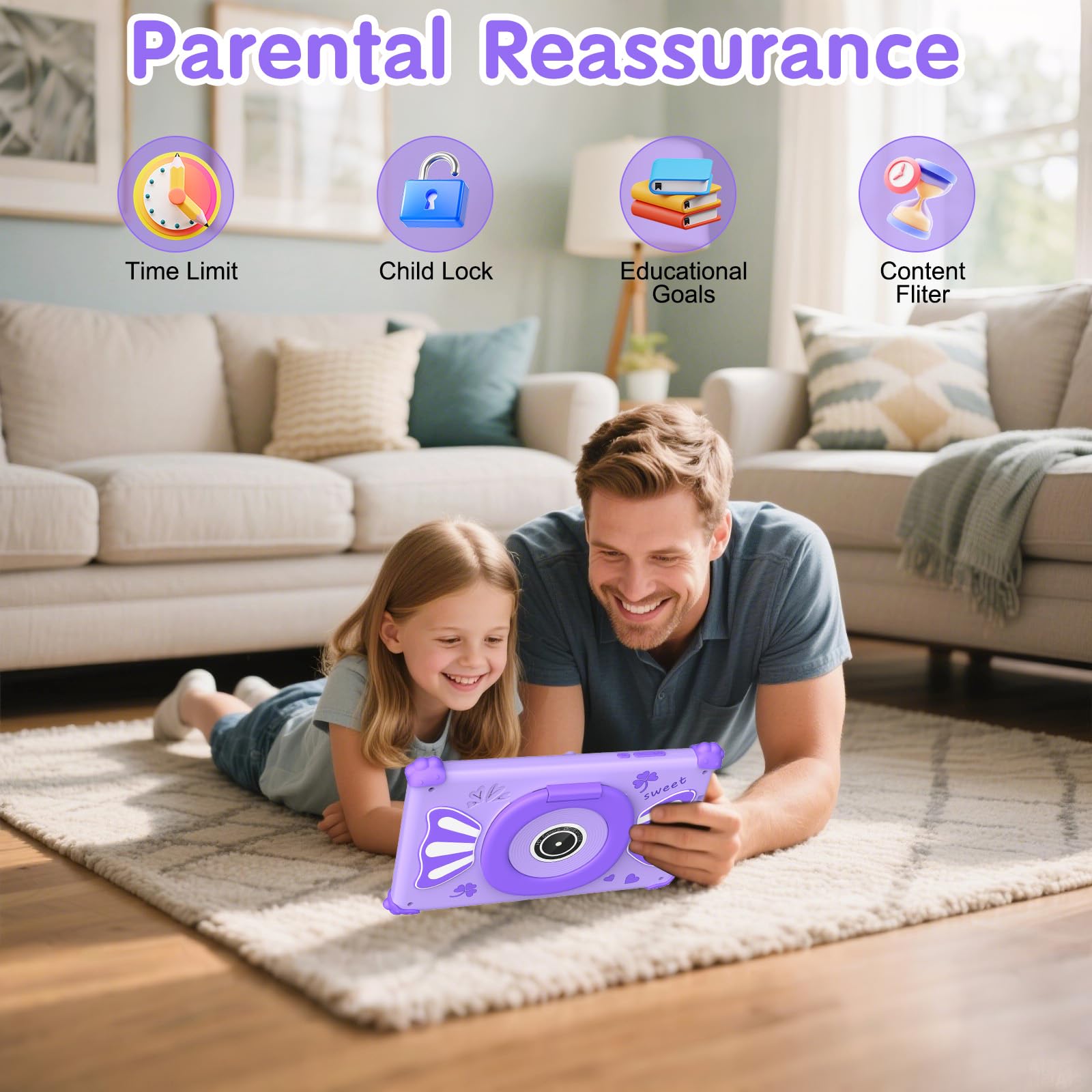 ascrecem Tablet Bambini 7 Pollici Android 15 Tablet per Bambini con 2.4G+5G WiFi6 Penta Core 6GB RAM 32GB ROM Tablets Bambina Doppia Fotocamera 128GB Espandibile Controllo Parentale (Viola)