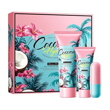 Grospe Coconut Gifts Set for Women, Premium 3 Piece Gift Set with Lip Balm,Hand Cream & Body Lotion, Moisturize Gift Box for Women Relaxing Care for Her, Anniversary or Birthday Present 4.7 Fl.Oz