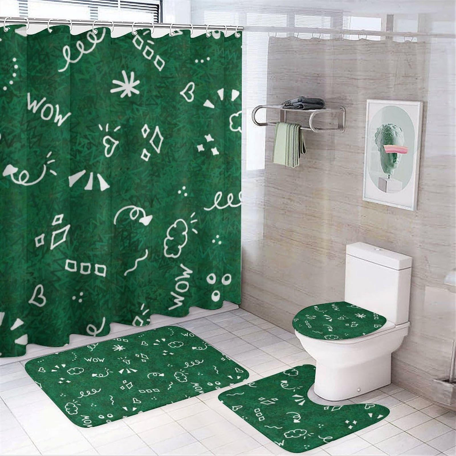 Rideaux de douche design vert avec tapis de bain antidérapant et accessoires de toilette complets
