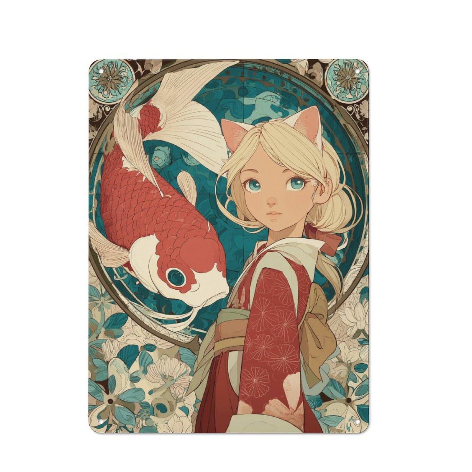 Junmoney Girls Koi And Cat Retro Metal Wall Sign 40X30cm With For Pub Or Café, A Housewarming Gift For Hospitality Wall Decor Collectors