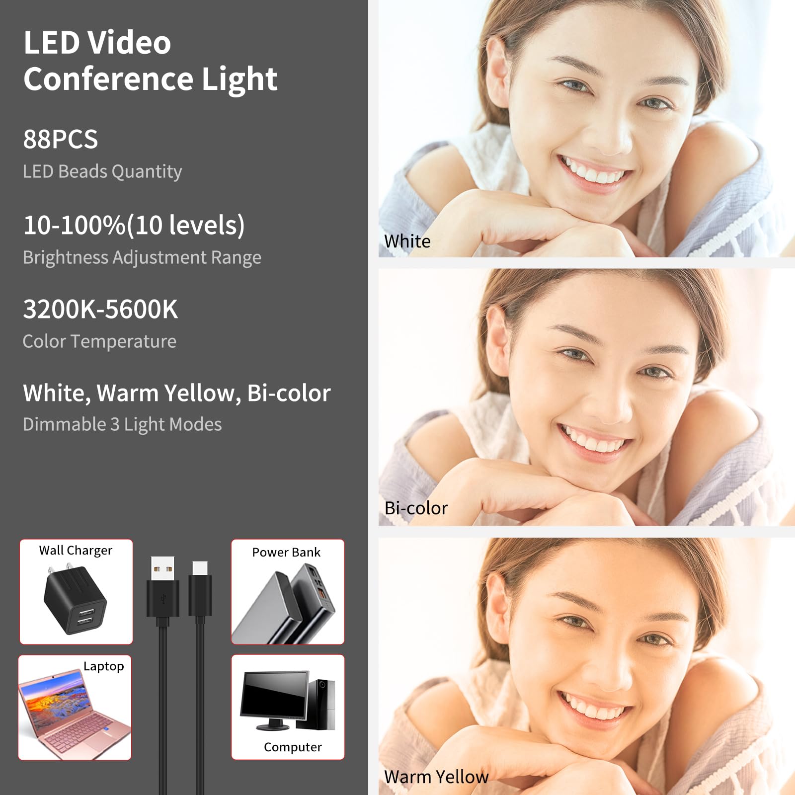 Newmowa Lampa LED do Selfie z Inteligentnym Czujnikiem, 3 Tryby Oświetlenia i 10 Poziomów Jasności, 2000mAh Akumulatorowa Lampa Wideo z Klipsem do Telefonu/iPhone/Laptopa/Aparatu/Wideokonferencji