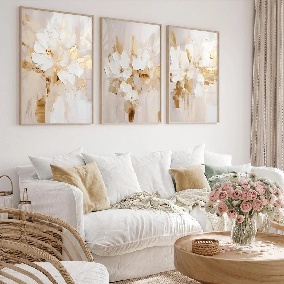 Ltjiajuypd Frameless Abstract Wall Art Vintage Poster Neutral Shades Beige And Golden Elegant Floral Canvas Painting(50X70cm-3Pcs)
