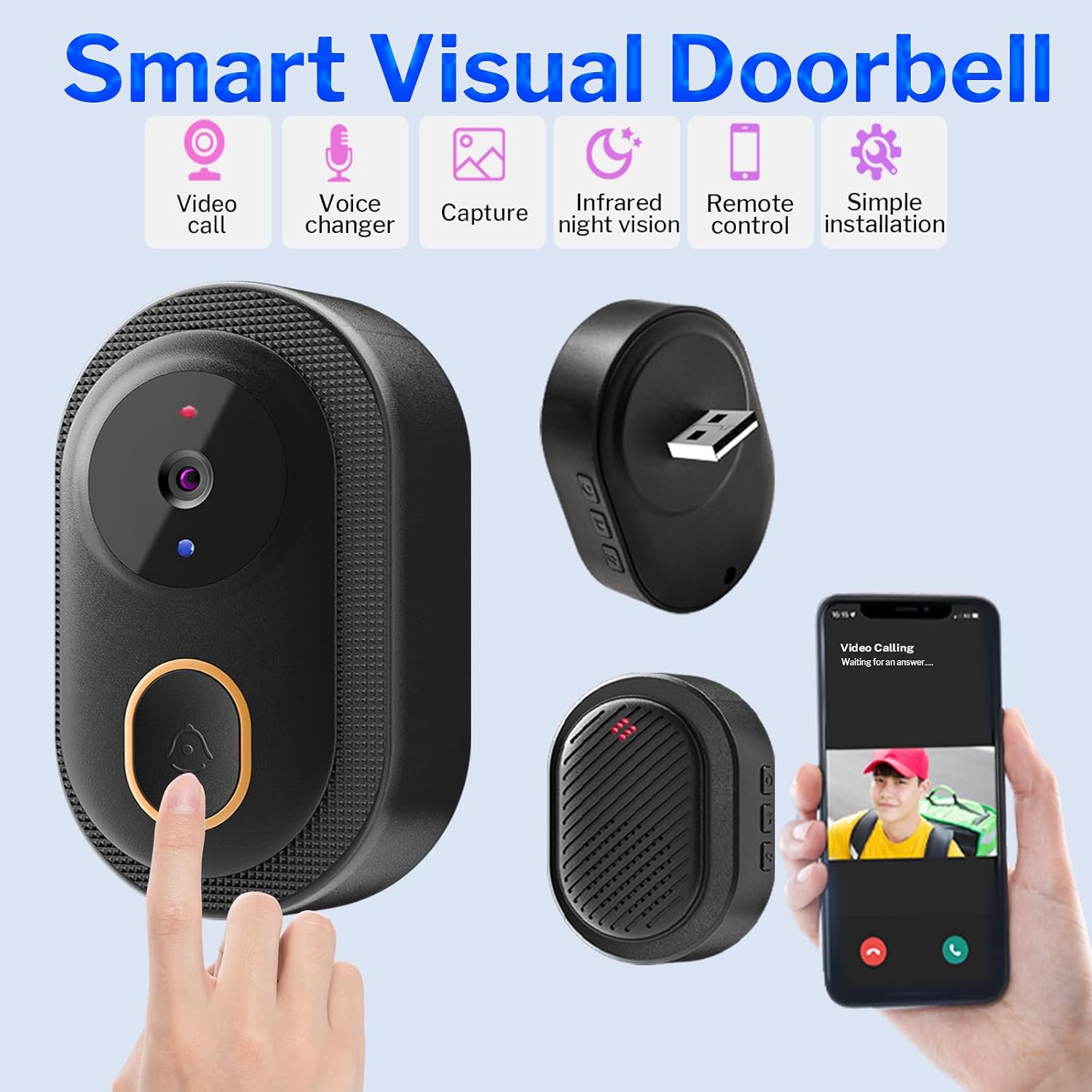 HD Wireless Ring Video Doorbell with Two-Way Audio,Night Vision and Mobile Phone APP Remote,No Drilling and Wiring,Ring Doorbell,Home Security Camera,Doorbell Camera