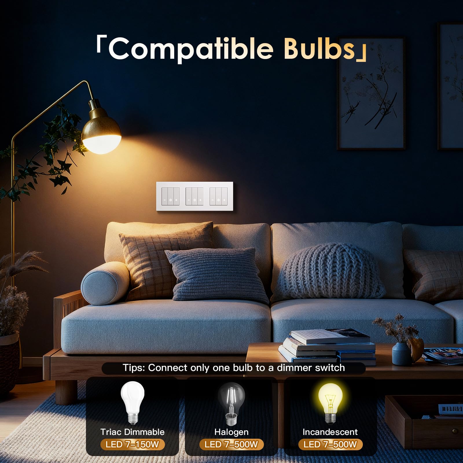 BSEED Triple WiFi Interrupteur Variateur 1 Gang 1 Voie Compatible avec Alexa et Google Home avec Cadre PC,Smart Interrupteur Dimmable pour Lampes LED 240 V(Nécessite Fil Neutre),Blanc